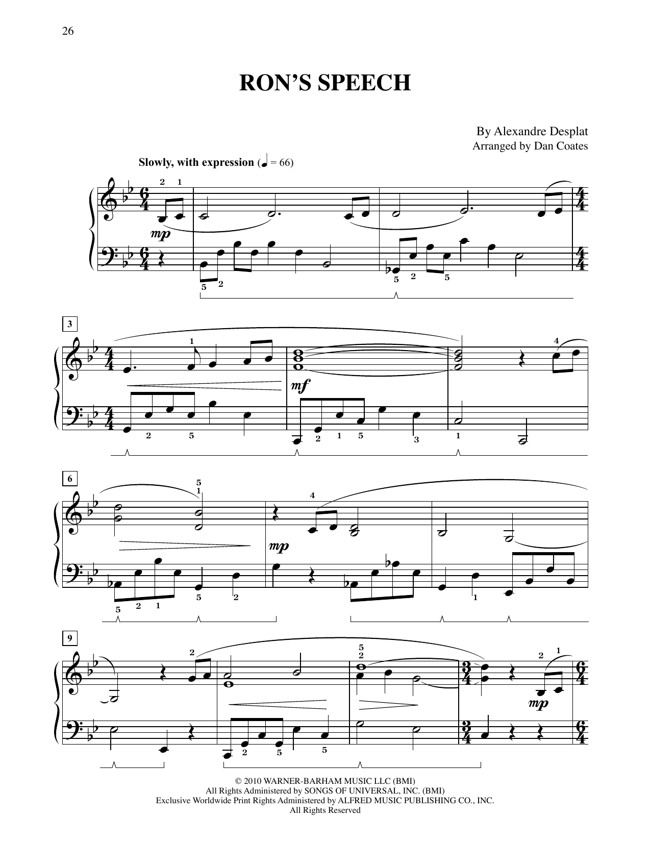 Alexandre Desplat Ron's Speech (from Harry Potter And The Deathly Gallows, Pt. 1) (arr. Dan Coates) Sheet Music Notes & Chords for Easy Piano - Download or Print PDF