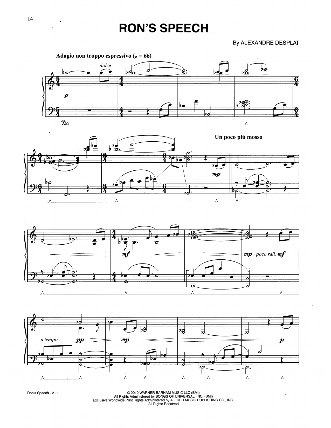 Alexandre Desplat Ron's Speech (from Harry Potter And The Deathly Gallows, Pt. 1) Sheet Music Notes & Chords for Piano Solo - Download or Print PDF