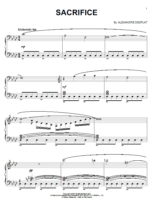 Alexandre Desplat Sacrifice Sheet Music Notes & Chords for Piano Solo - Download or Print PDF