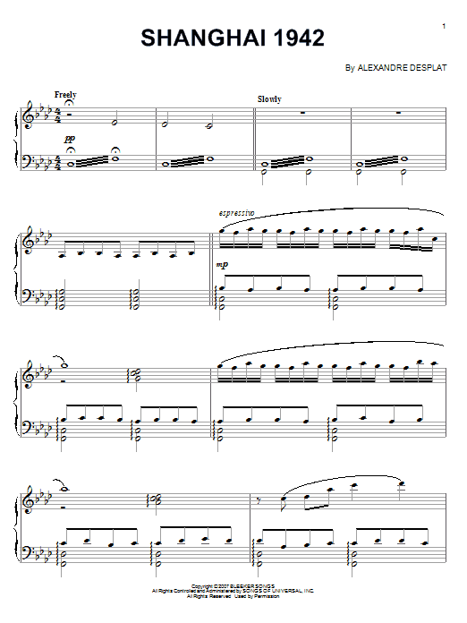 Alexandre Desplat Shanghai 1942 Sheet Music Notes & Chords for Piano Solo - Download or Print PDF