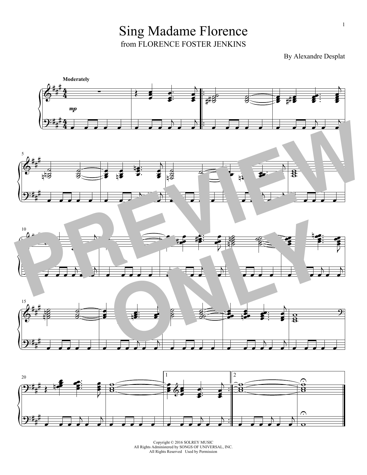 Alexandre Desplat Sing Madame Florence Sheet Music Notes & Chords for Piano - Download or Print PDF