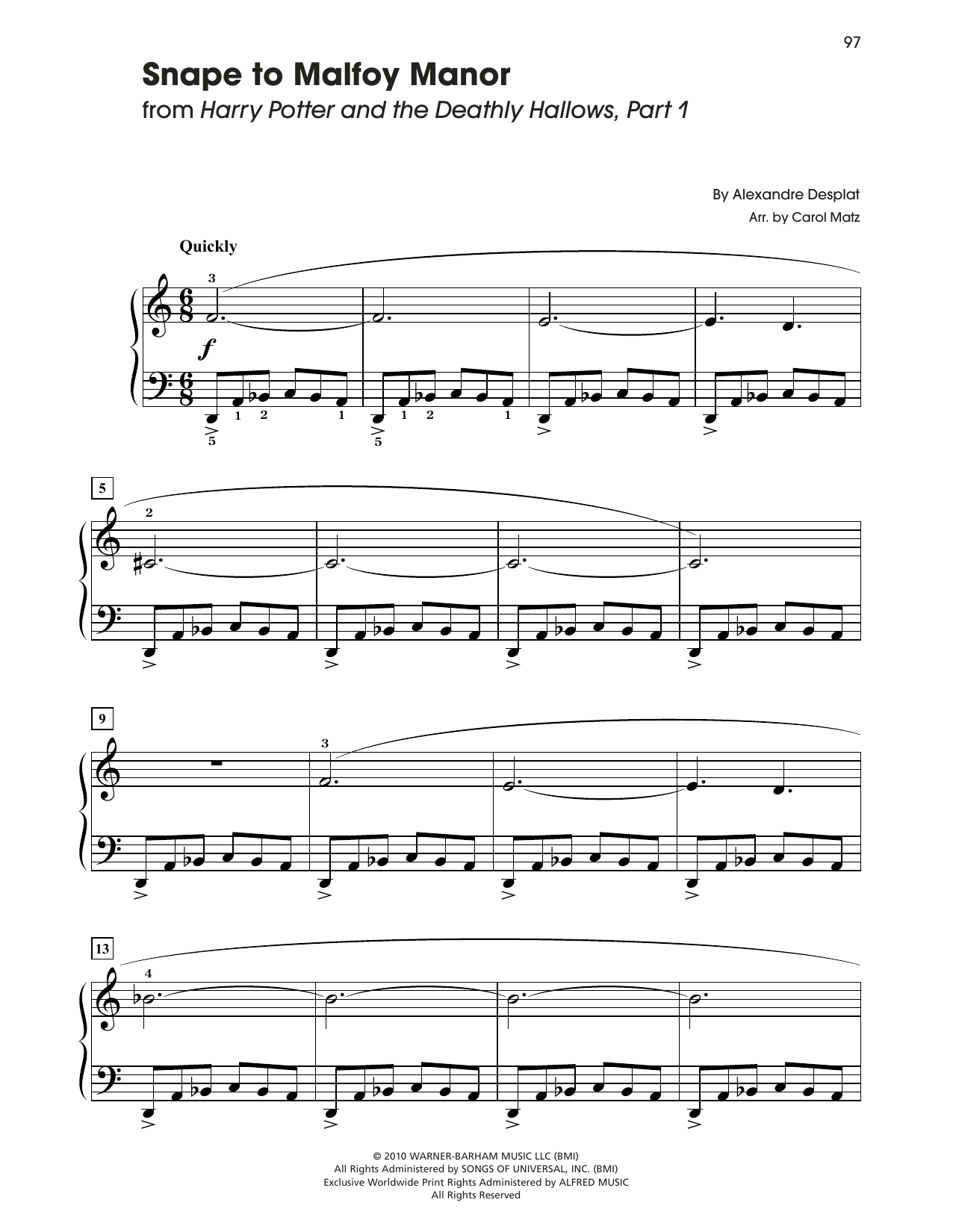 Alexandre Desplat Snape To Malfoy Manor (from Harry Potter) (arr. Carol Matz) Sheet Music Notes & Chords for Big Note Piano - Download or Print PDF