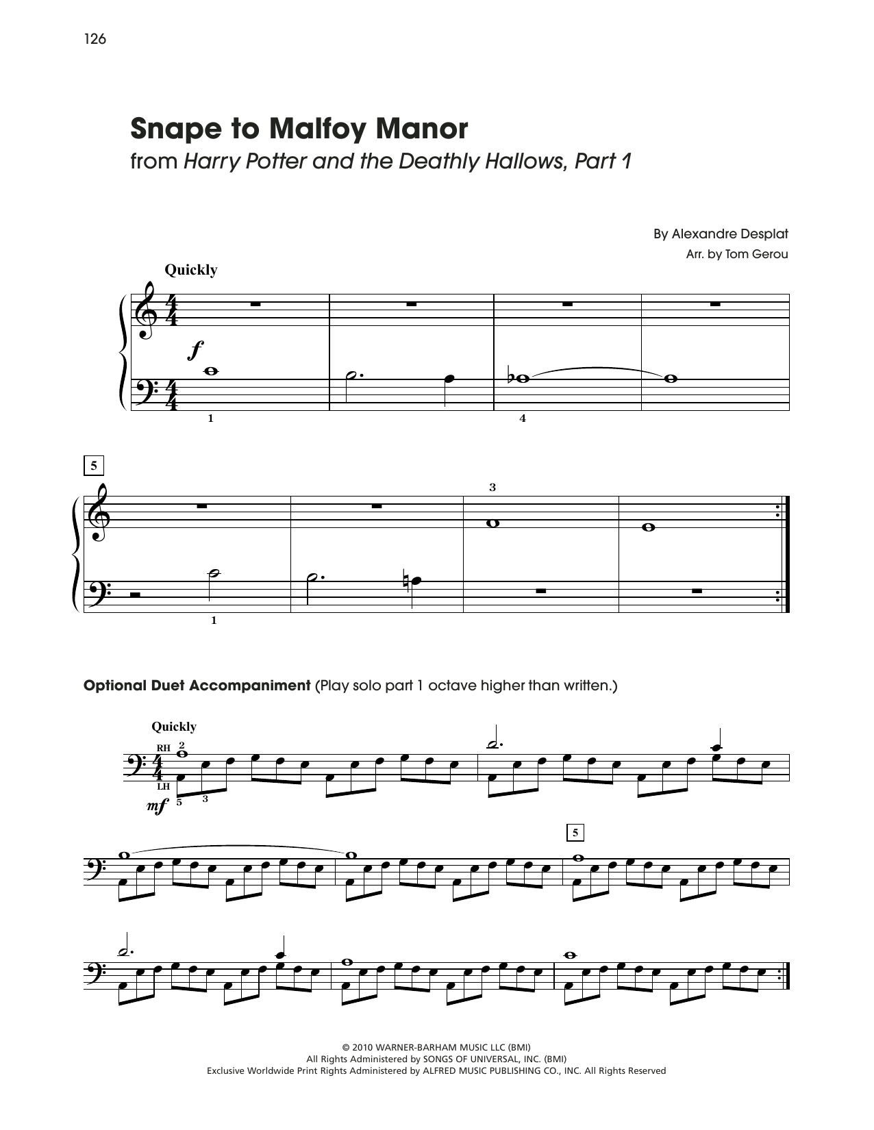 Alexandre Desplat Snape To Malfoy Manor (from Harry Potter) (arr. Tom Gerou) Sheet Music Notes & Chords for 5-Finger Piano - Download or Print PDF