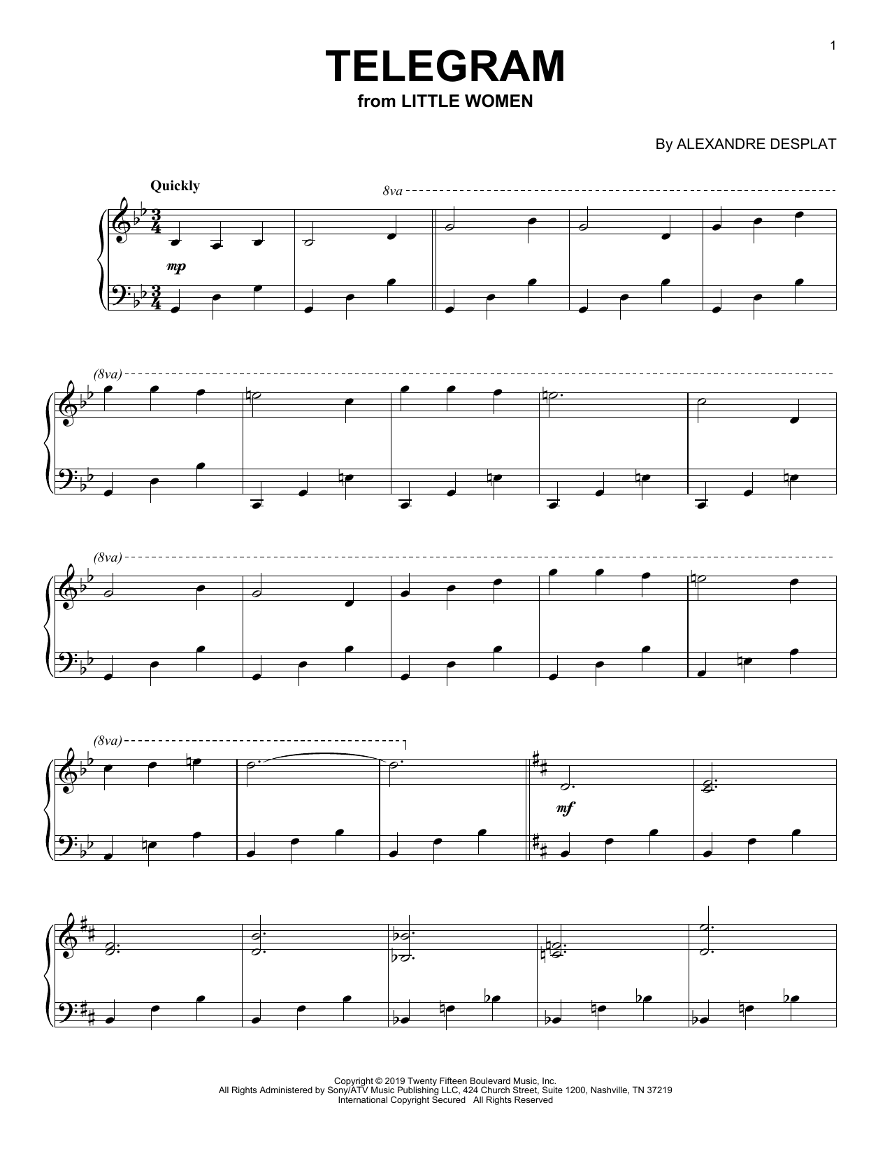 Alexandre Desplat Telegram (from the Motion Picture Little Women) Sheet Music Notes & Chords for Piano Solo - Download or Print PDF