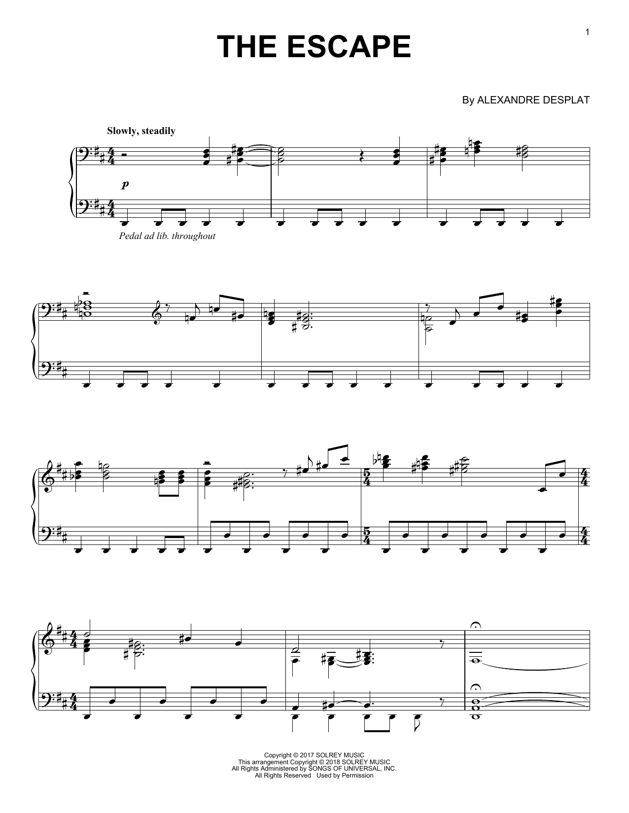 Alexandre Desplat The Escape Sheet Music Notes & Chords for Piano - Download or Print PDF