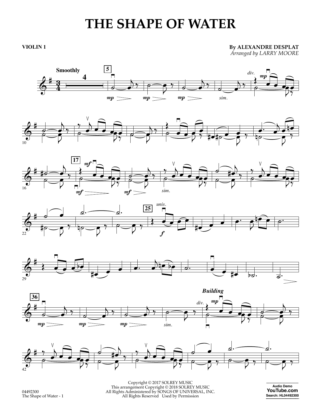 Alexandre Desplat The Shape of Water (arr. Larry Moore) - Violin 1 Sheet Music Notes & Chords for Orchestra - Download or Print PDF