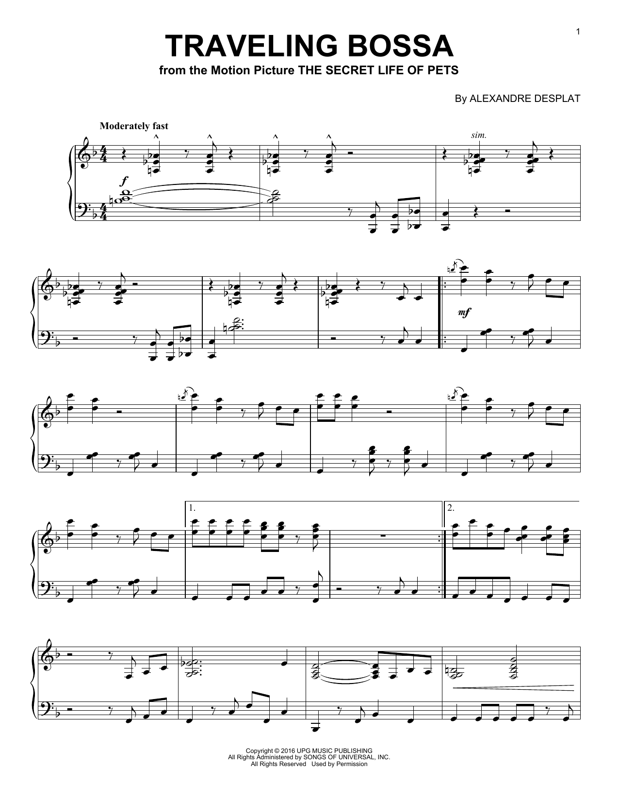 Alexandre Desplat Traveling Bossa Sheet Music Notes & Chords for Piano - Download or Print PDF