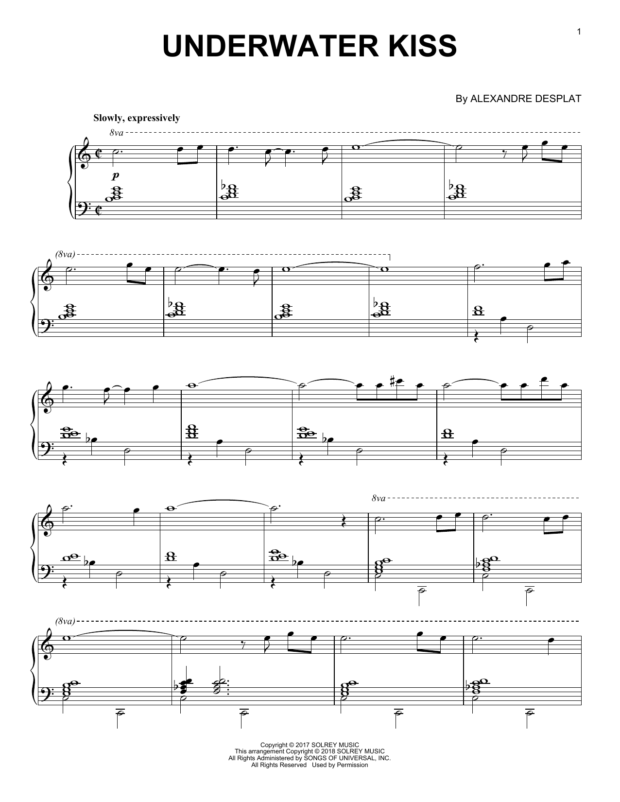 Alexandre Desplat Underwater Kiss Sheet Music Notes & Chords for Piano - Download or Print PDF