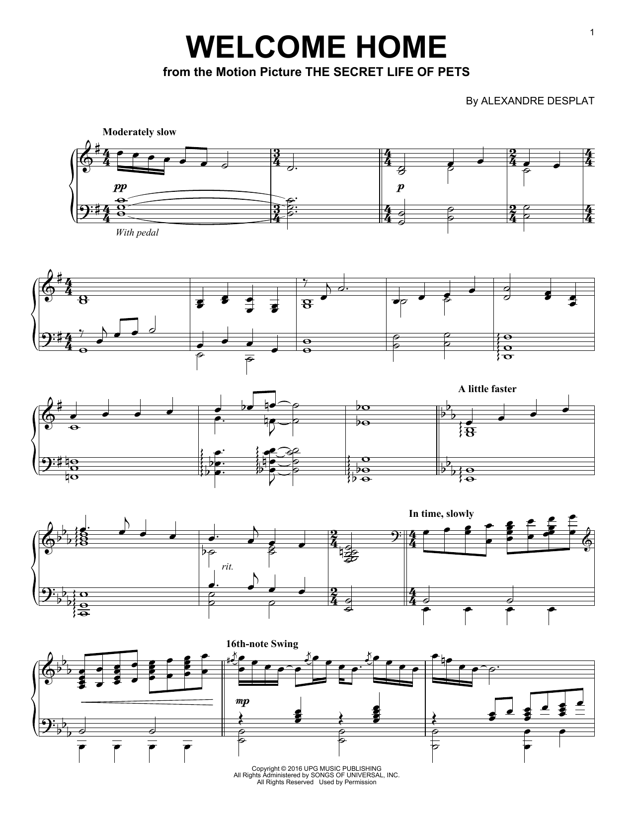 Alexandre Desplat Welcome Home Sheet Music Notes & Chords for Piano - Download or Print PDF