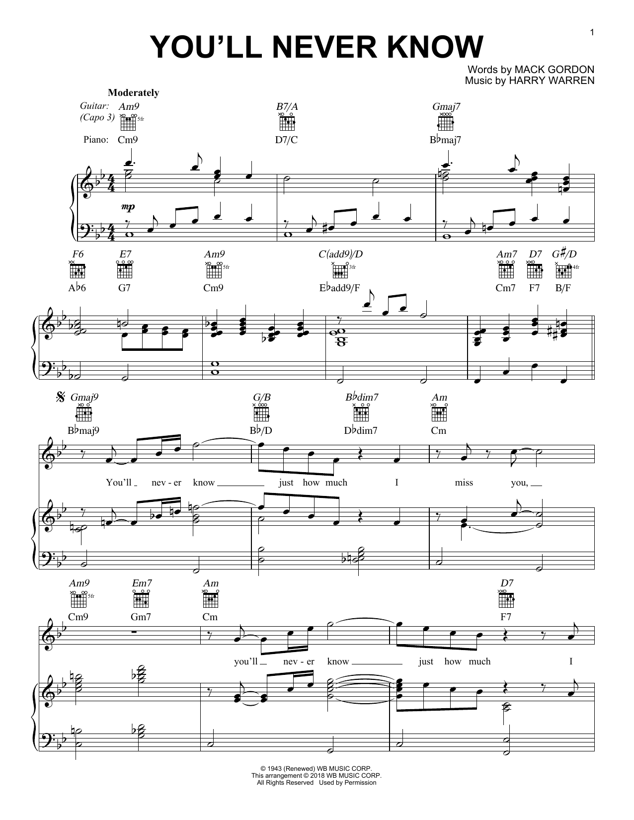 Alexandre Desplat You'll Never Know Sheet Music Notes & Chords for Piano, Vocal & Guitar (Right-Hand Melody) - Download or Print PDF