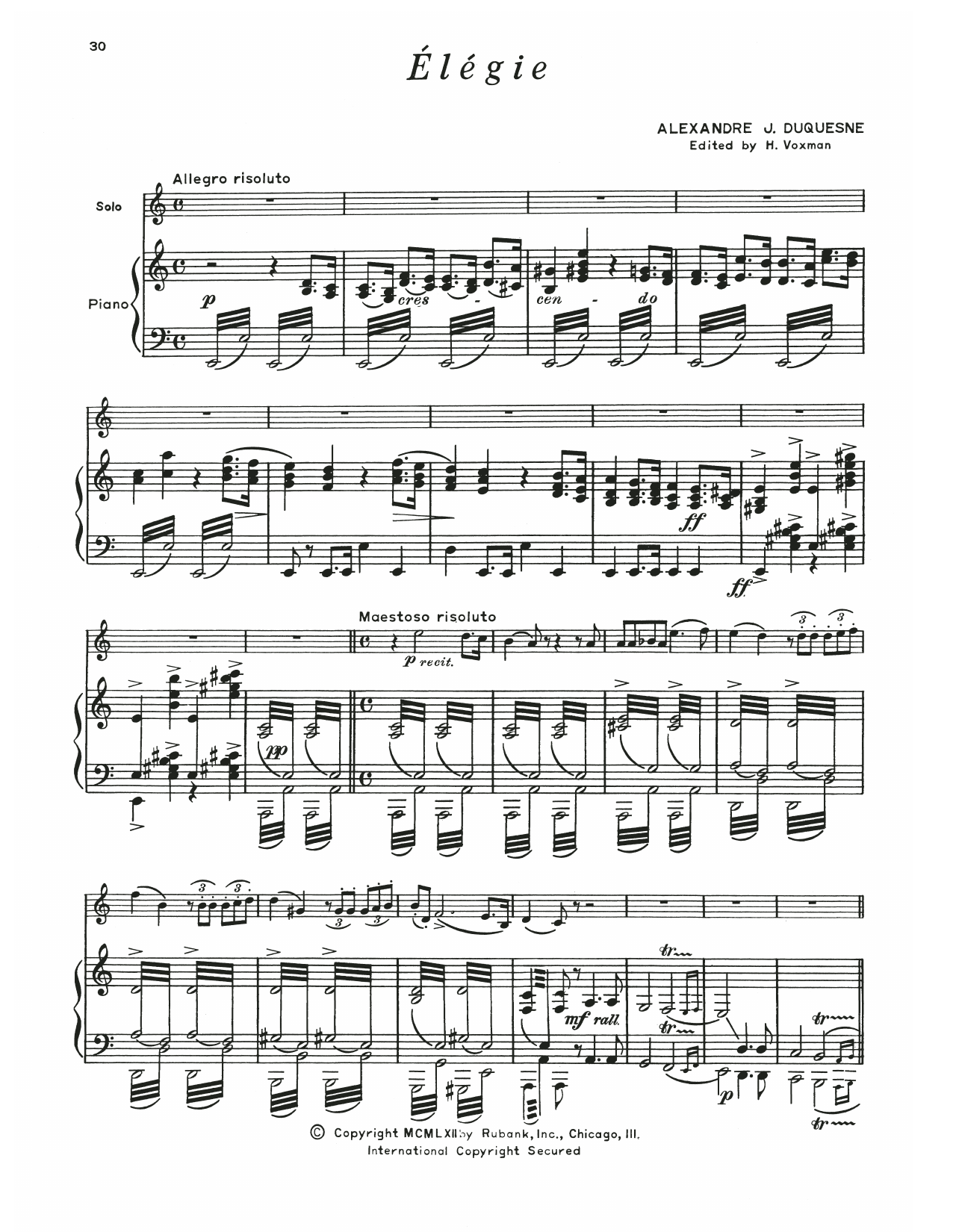 Alexandre Duquesne Elegie Sheet Music Notes & Chords for Baritone B.C. and Piano - Download or Print PDF