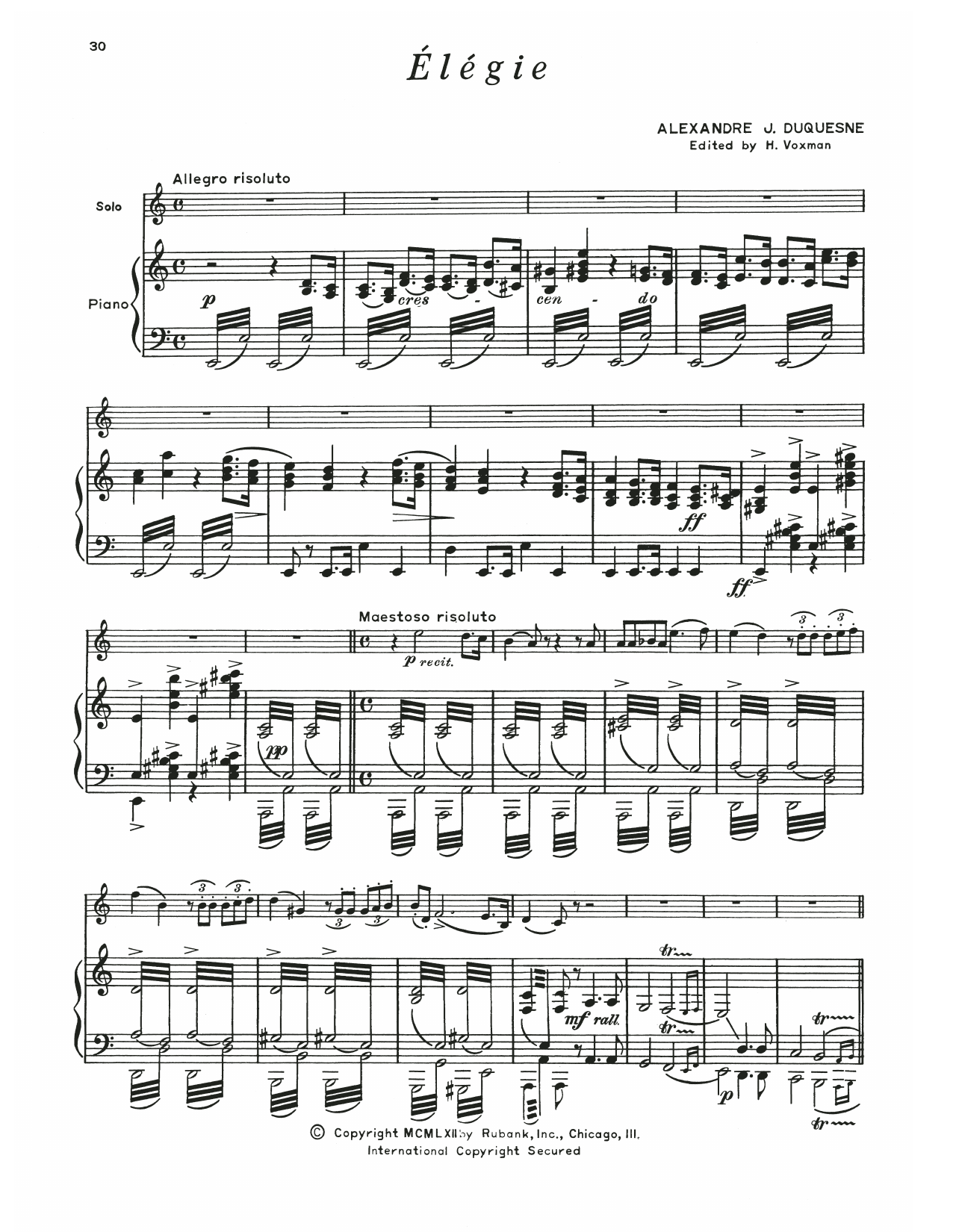 Alexandre Duquesne Elegie Sheet Music Notes & Chords for Trumpet and Piano - Download or Print PDF