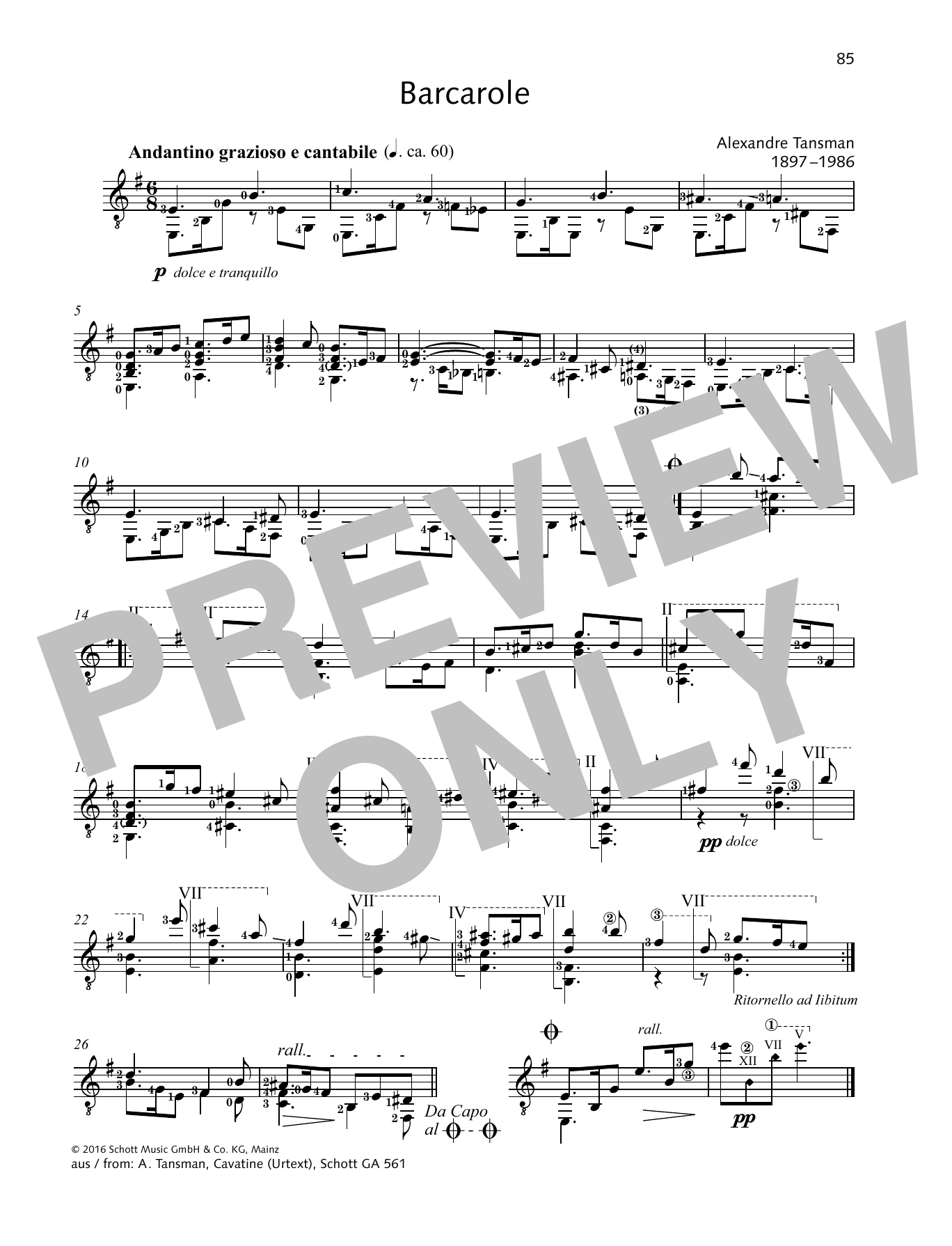 Alexandre Tansman Barcarole Sheet Music Notes & Chords for Solo Guitar Tab - Download or Print PDF