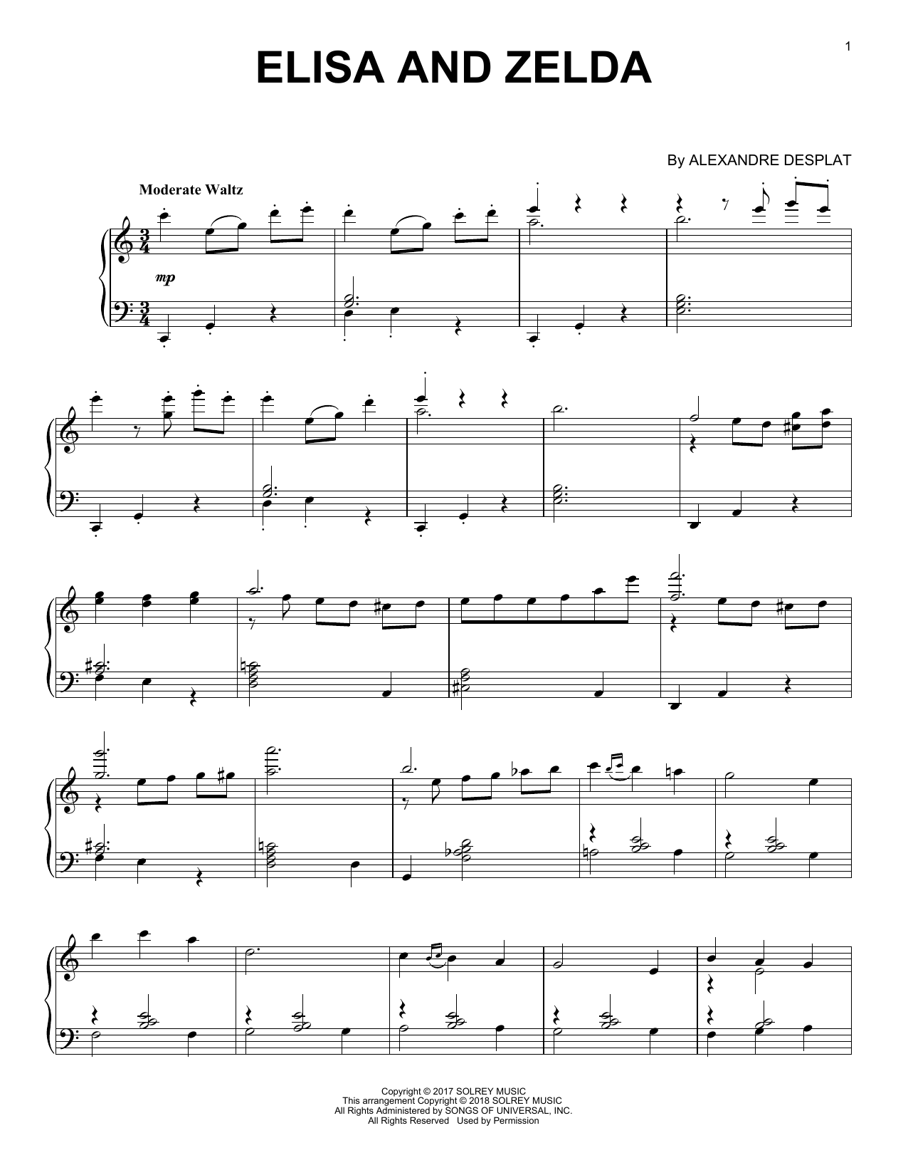 Preview Alexandre Desplat Elisa And Zelda Film and TV sheet music, notes and chords for Piano, SKU: 252073 Elisa And Zelda sheet music