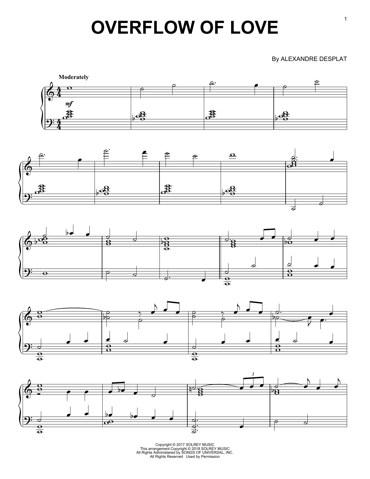 Preview Alexandre Desplat Overflow Of Love Film and TV sheet music, notes and chords for Piano, SKU: 252074 Overflow Of Love sheet music