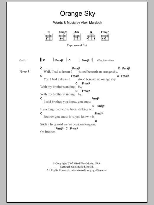 Alexi Murdoch Orange Sky Sheet Music Notes & Chords for Lyrics & Chords - Download or Print PDF