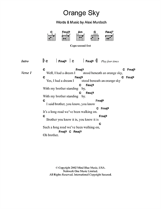 Alexi Murdoch Orange Sky Sheet Music Notes & Chords for Lyrics & Chords - Download or Print PDF