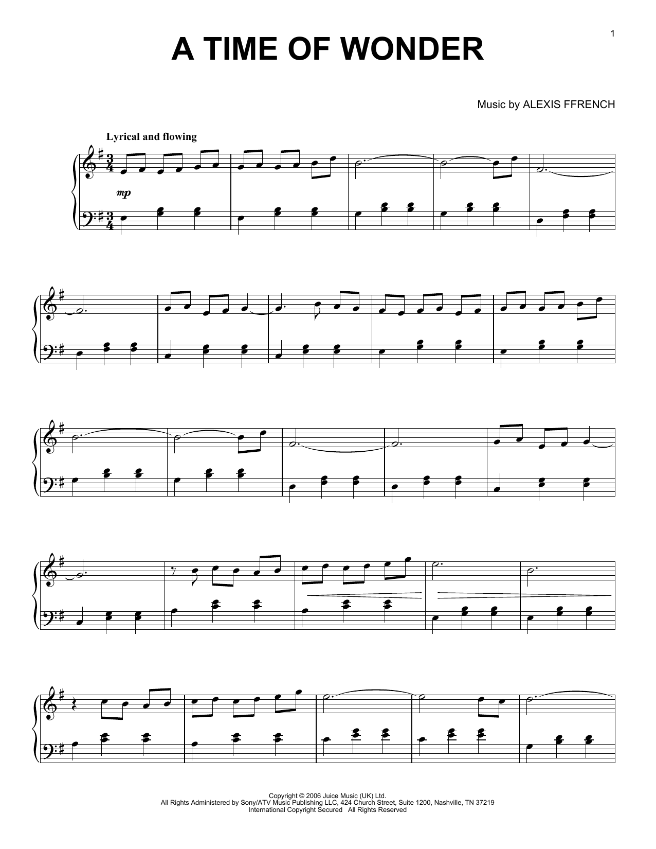 Alexis Ffrench A Time Of Wonder Sheet Music Notes & Chords for Piano Solo - Download or Print PDF