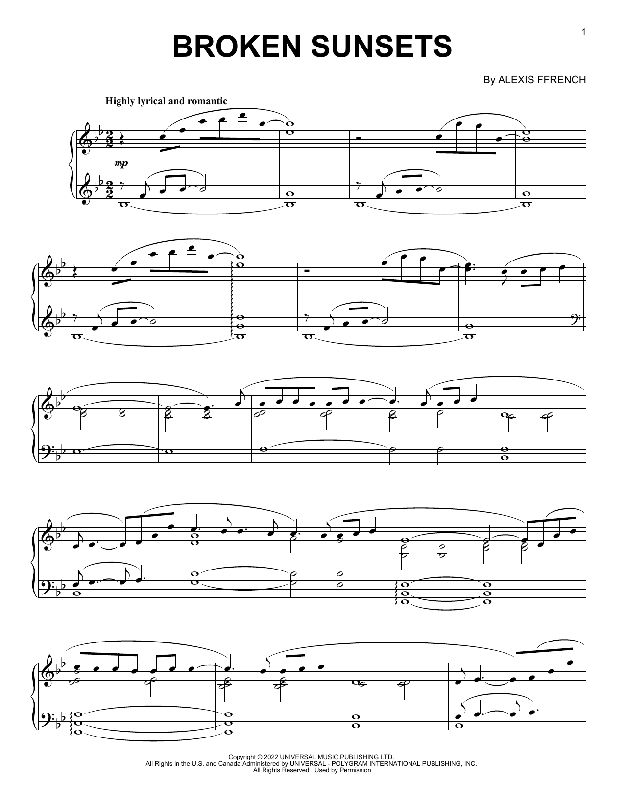 Alexis Ffrench Broken Sunsets Sheet Music Notes & Chords for Piano Solo - Download or Print PDF