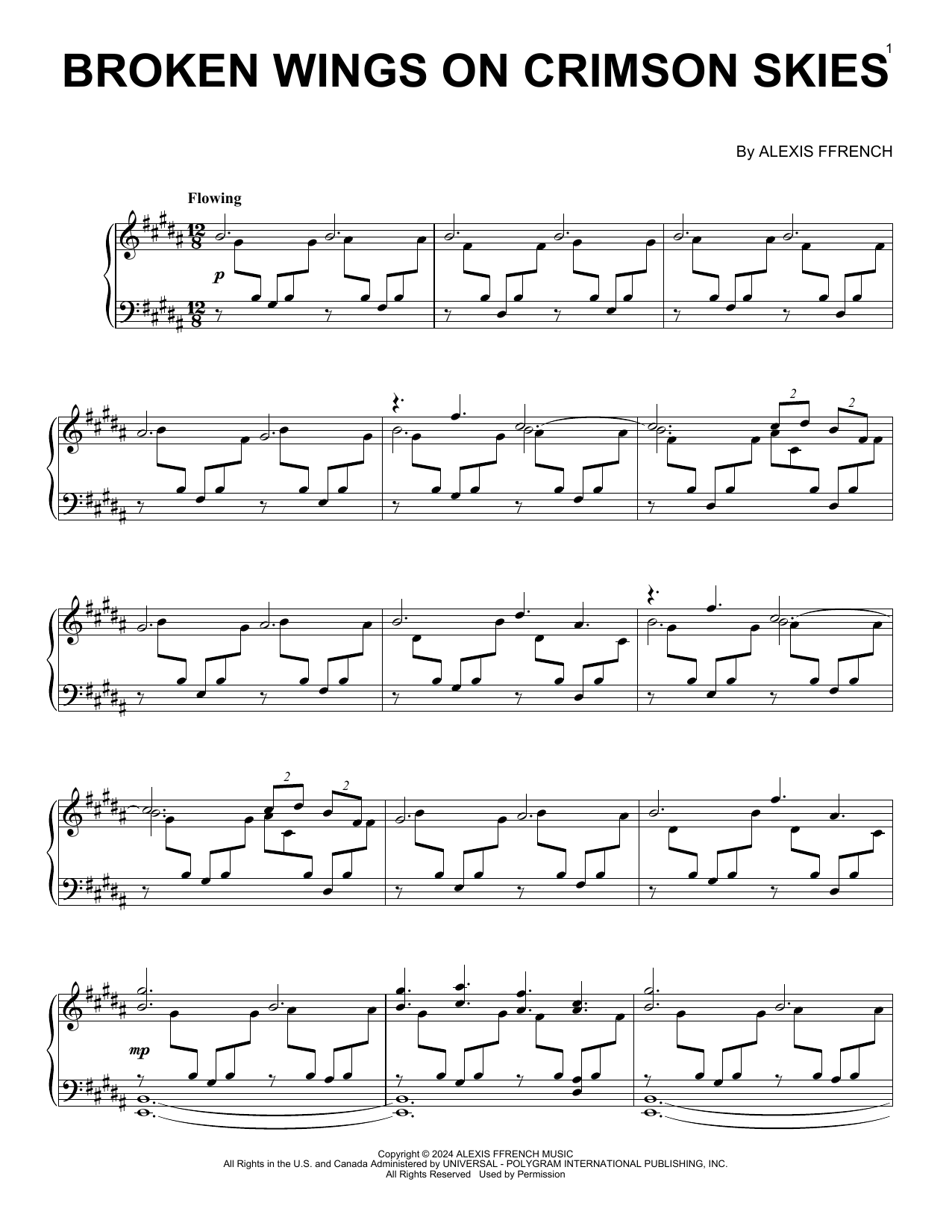 Alexis Ffrench Broken Wings On Crimson Skies Sheet Music Notes & Chords for Piano Solo - Download or Print PDF