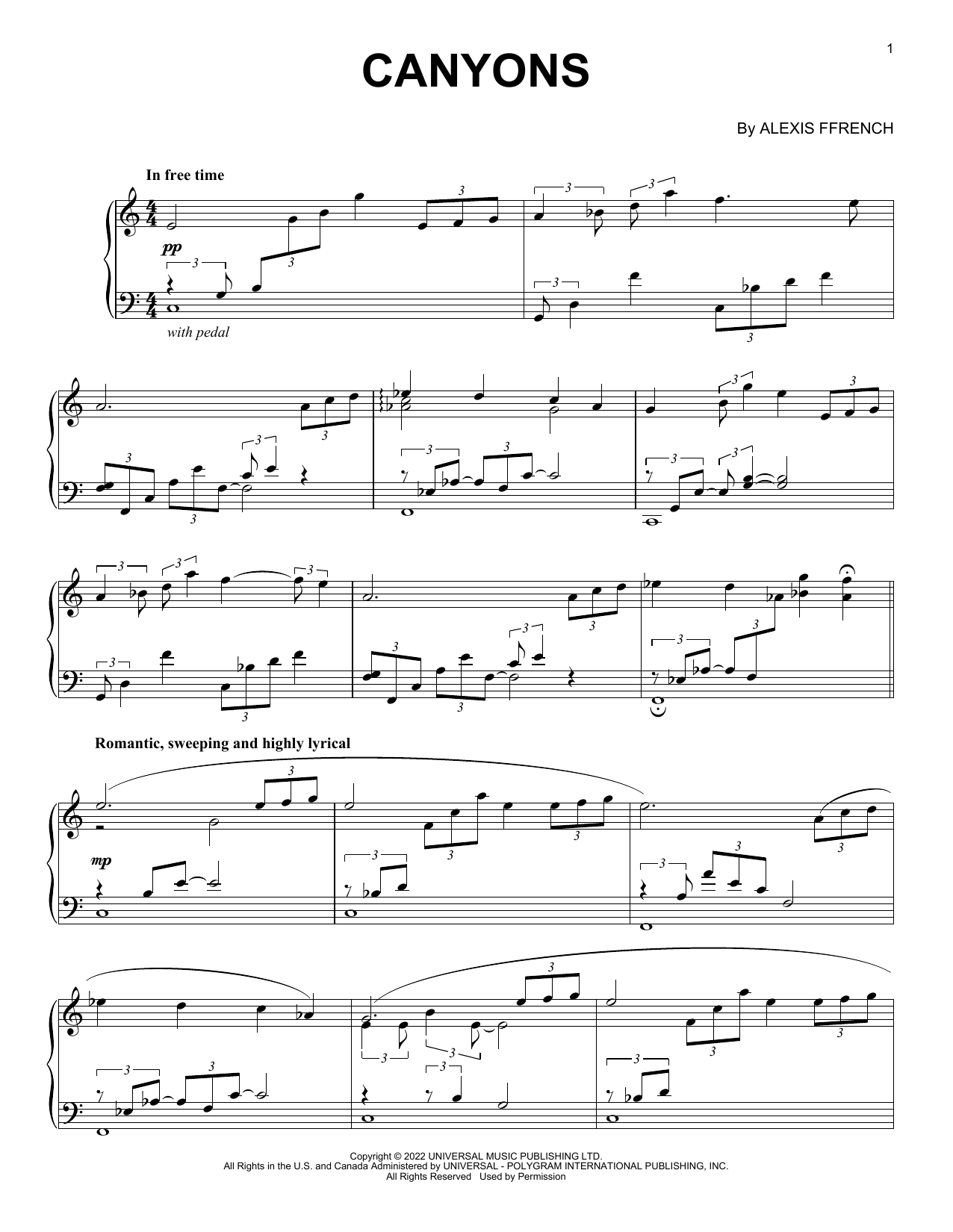 Alexis Ffrench Canyons Sheet Music Notes & Chords for Piano Solo - Download or Print PDF