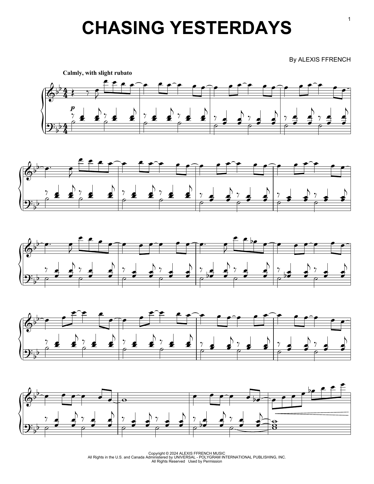 Alexis Ffrench Chasing Yesterdays Sheet Music Notes & Chords for Piano Solo - Download or Print PDF Alexis Ffrench Chasing Yesterdays Sheet Music Notes & Chords for Piano Solo - Download or Print PDF