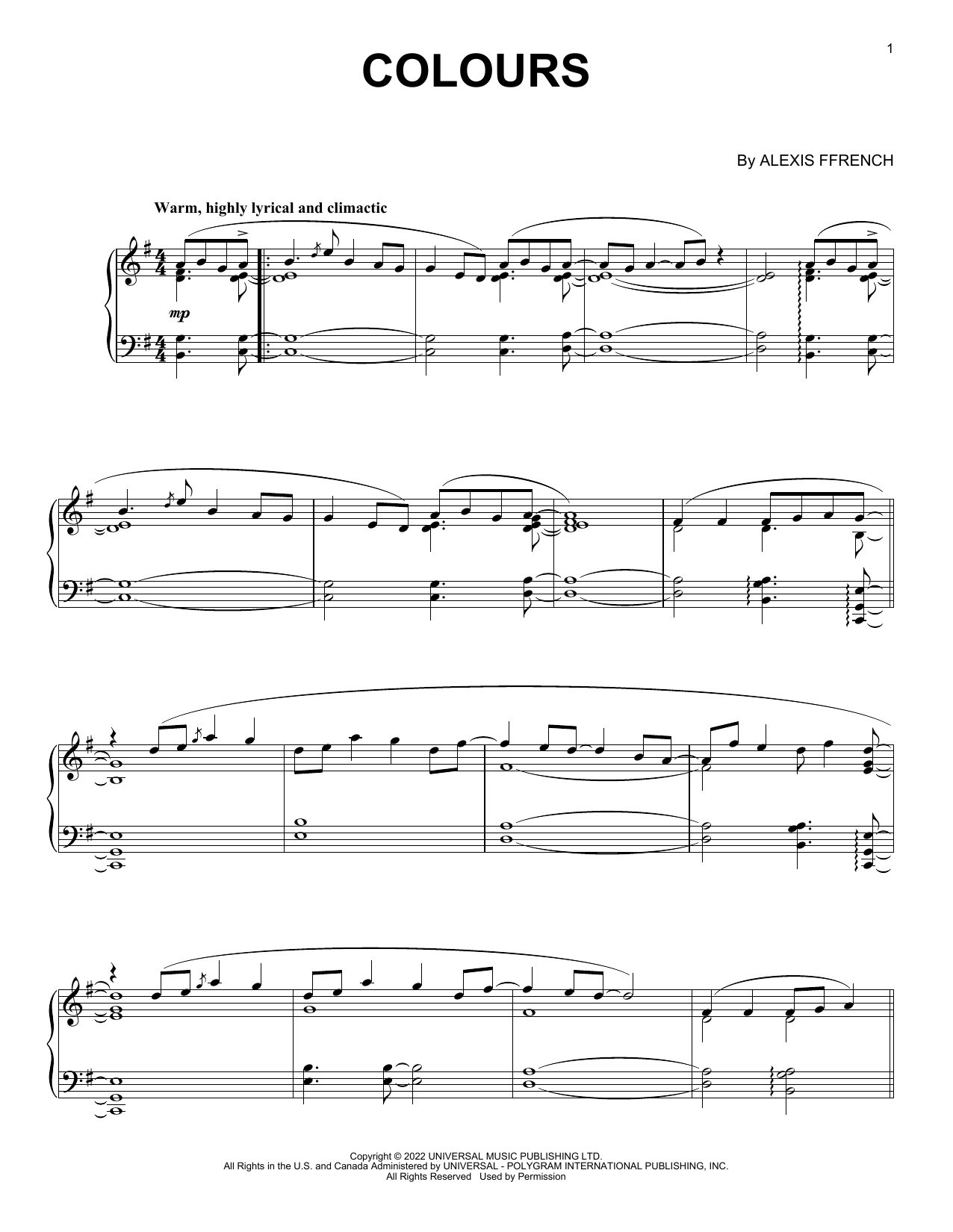 Alexis Ffrench Colours Sheet Music Notes & Chords for Piano Solo - Download or Print PDF