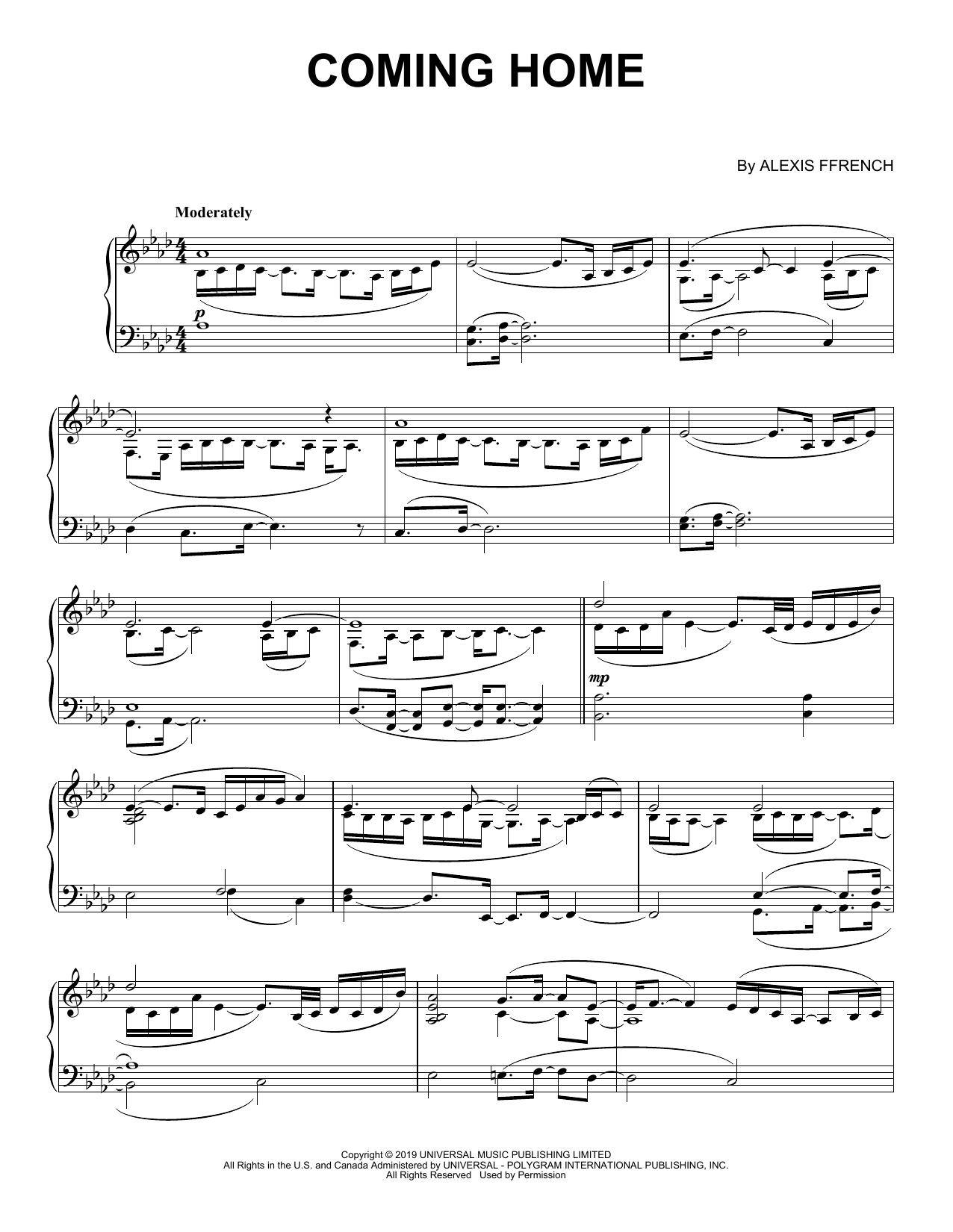 Alexis Ffrench Coming Home Sheet Music Notes & Chords for Piano Solo - Download or Print PDF Alexis Ffrench Coming Home Sheet Music Notes & Chords for Piano Solo - Download or Print PDF
