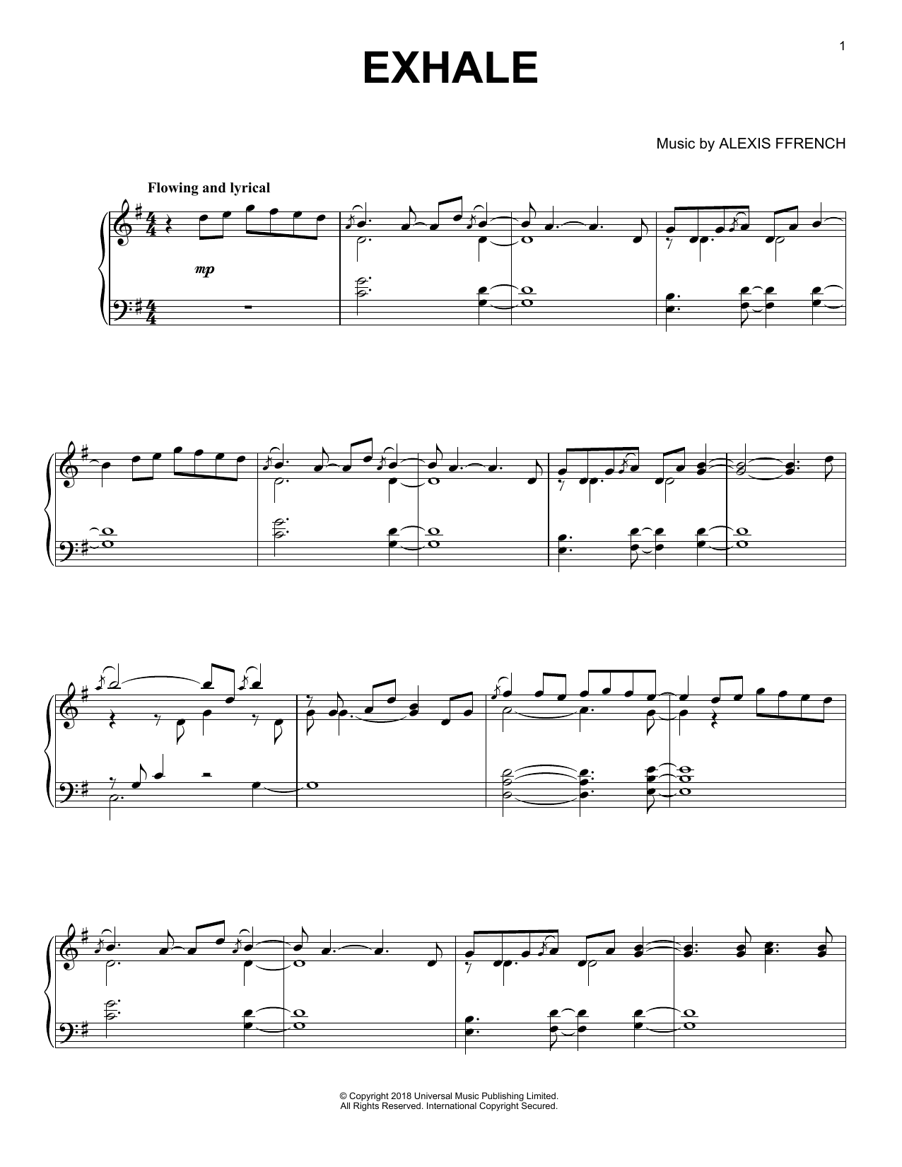 Alexis Ffrench Exhale Sheet Music Notes & Chords for Piano Solo - Download or Print PDF