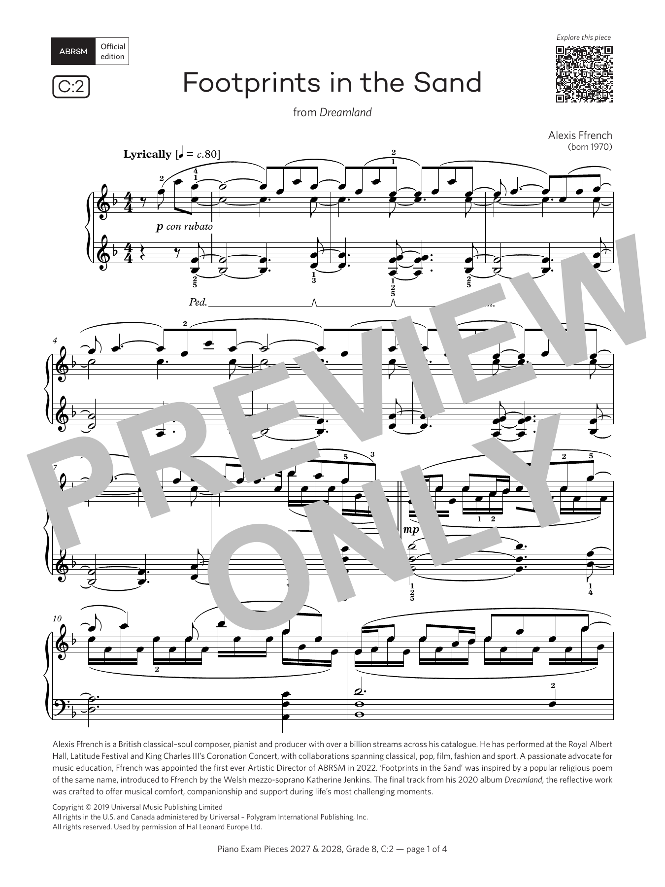 Alexis Ffrench Footprints in the Sand (Grade 8, list C2, from the ABRSM Piano Syllabus 2027 & 2028) Sheet Music Notes & Chords for Piano Solo - Download or Print PDF