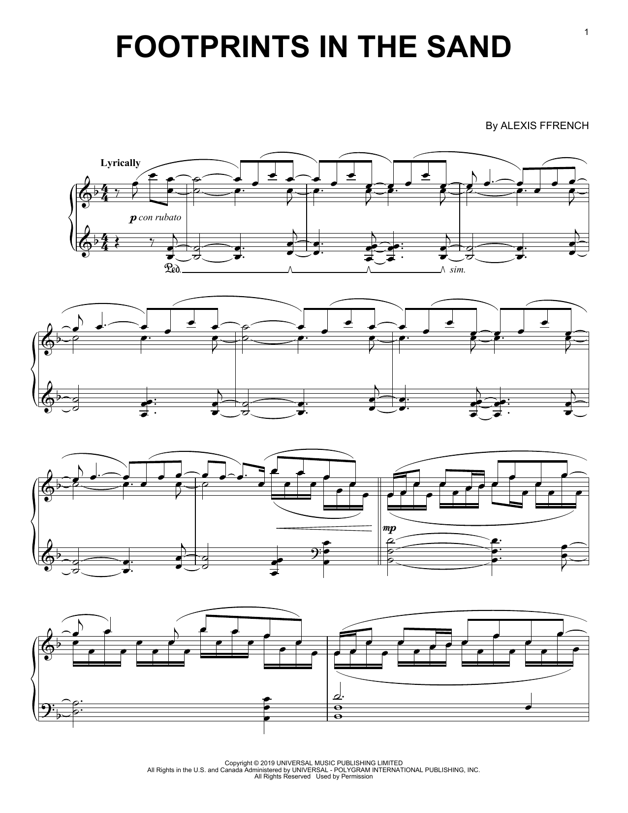 Alexis Ffrench Footprints In The Sand Sheet Music Notes & Chords for Piano Solo - Download or Print PDF