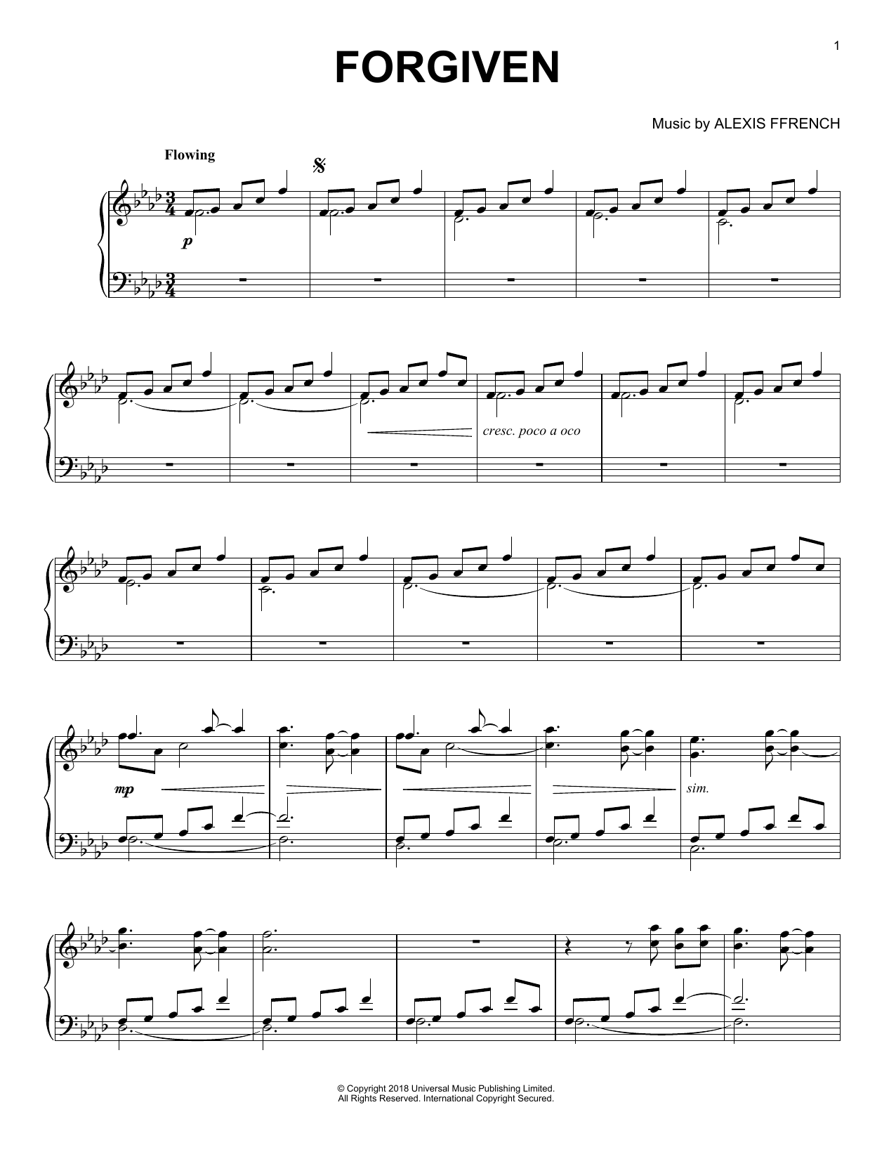 Alexis Ffrench Forgiven Sheet Music Notes & Chords for Piano Solo - Download or Print PDF