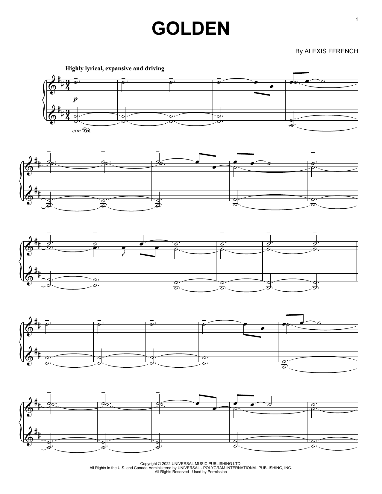 Alexis Ffrench Golden Sheet Music Notes & Chords for Piano Solo - Download or Print PDF