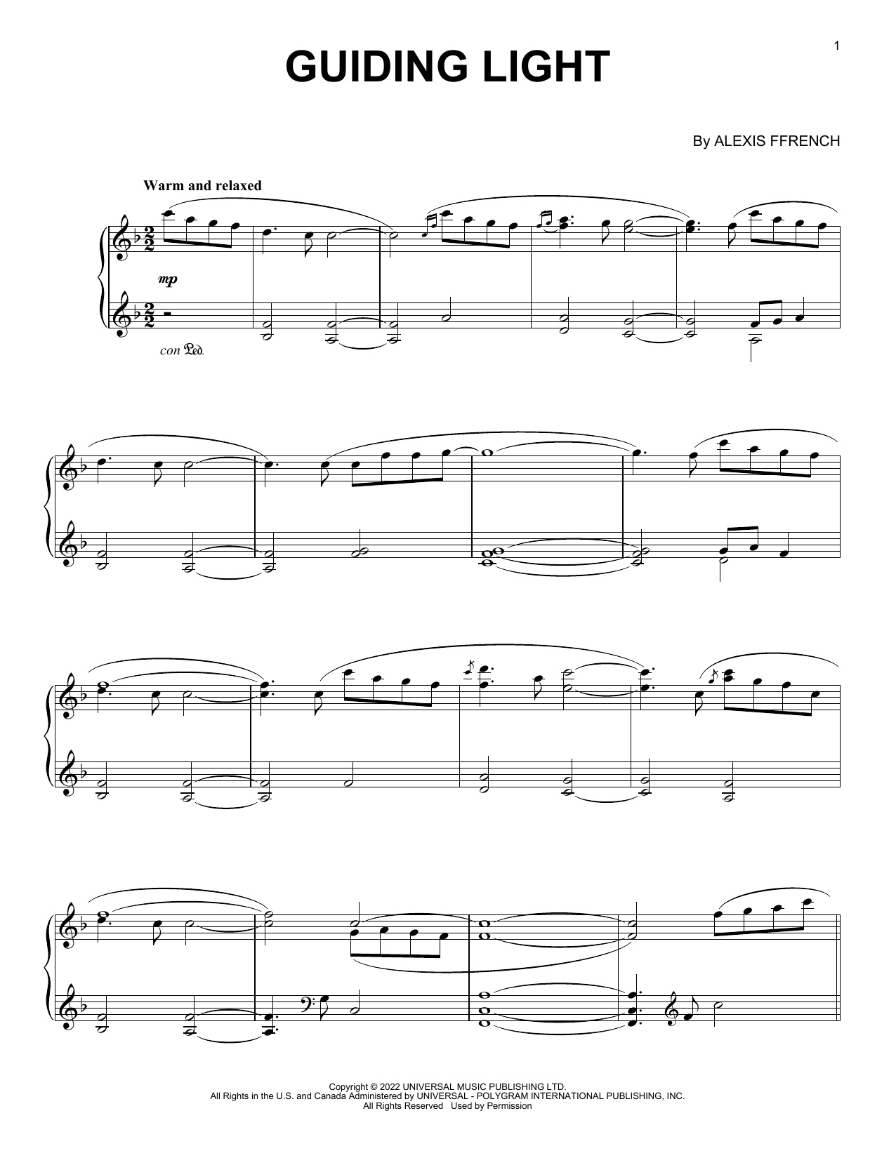 Alexis Ffrench Guiding Light Sheet Music Notes & Chords for Piano Solo - Download or Print PDF