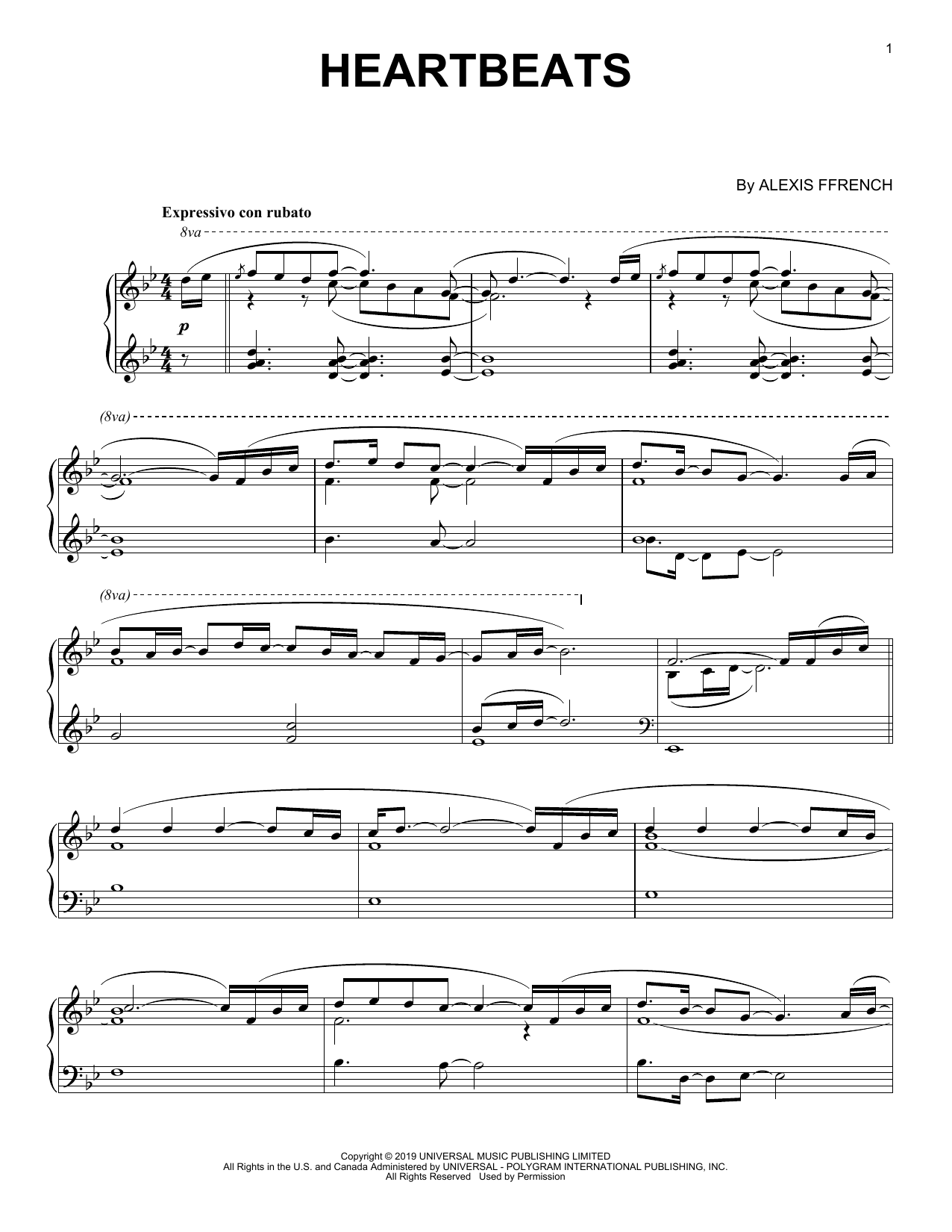 Alexis Ffrench Heartbeats Sheet Music Notes & Chords for Piano Solo - Download or Print PDF