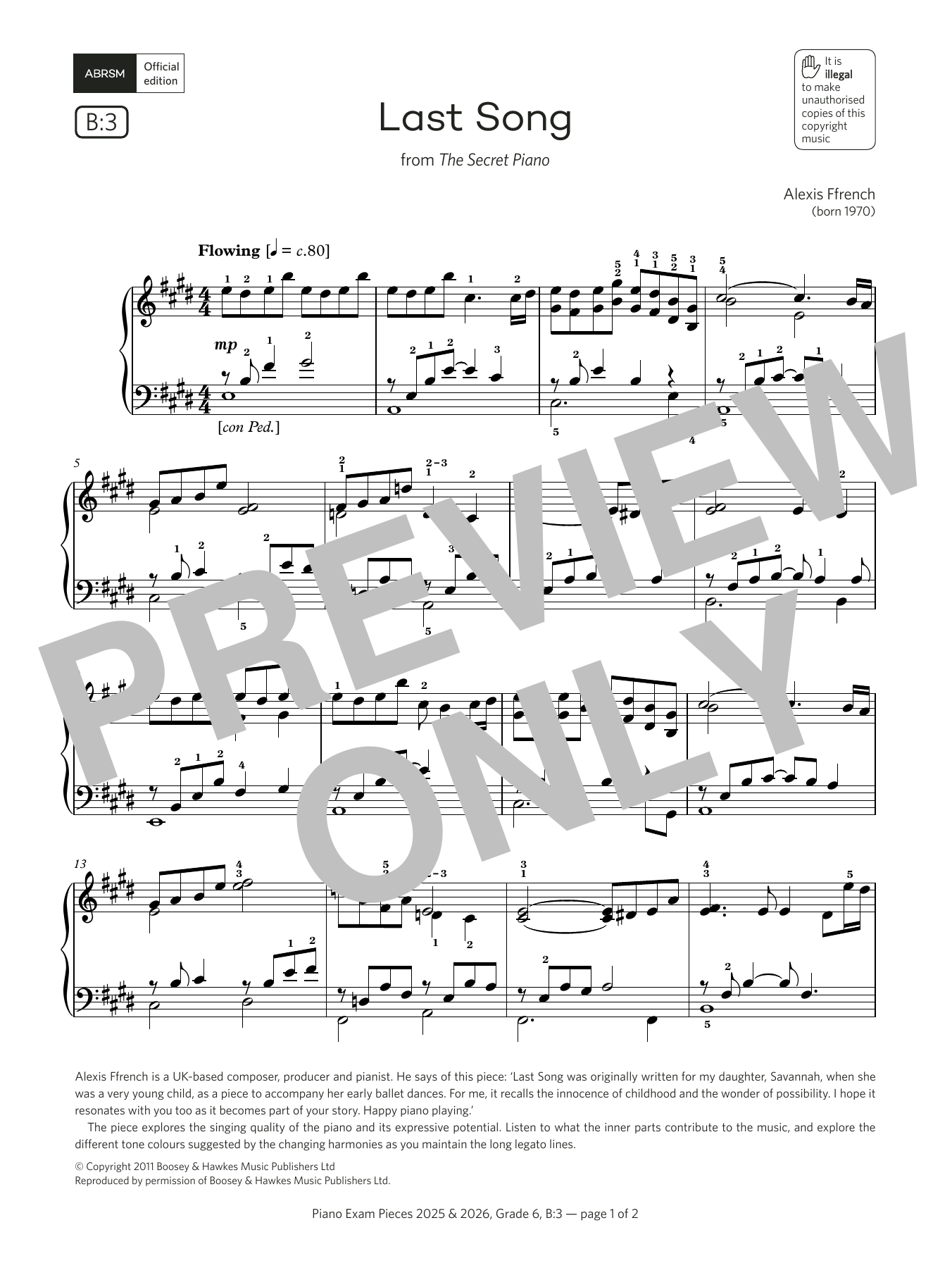 Alexis Ffrench Last Song (Grade 6, list B3, from the ABRSM Piano Syllabus 2025 & 2026) Sheet Music Notes & Chords for Piano Solo - Download or Print PDF