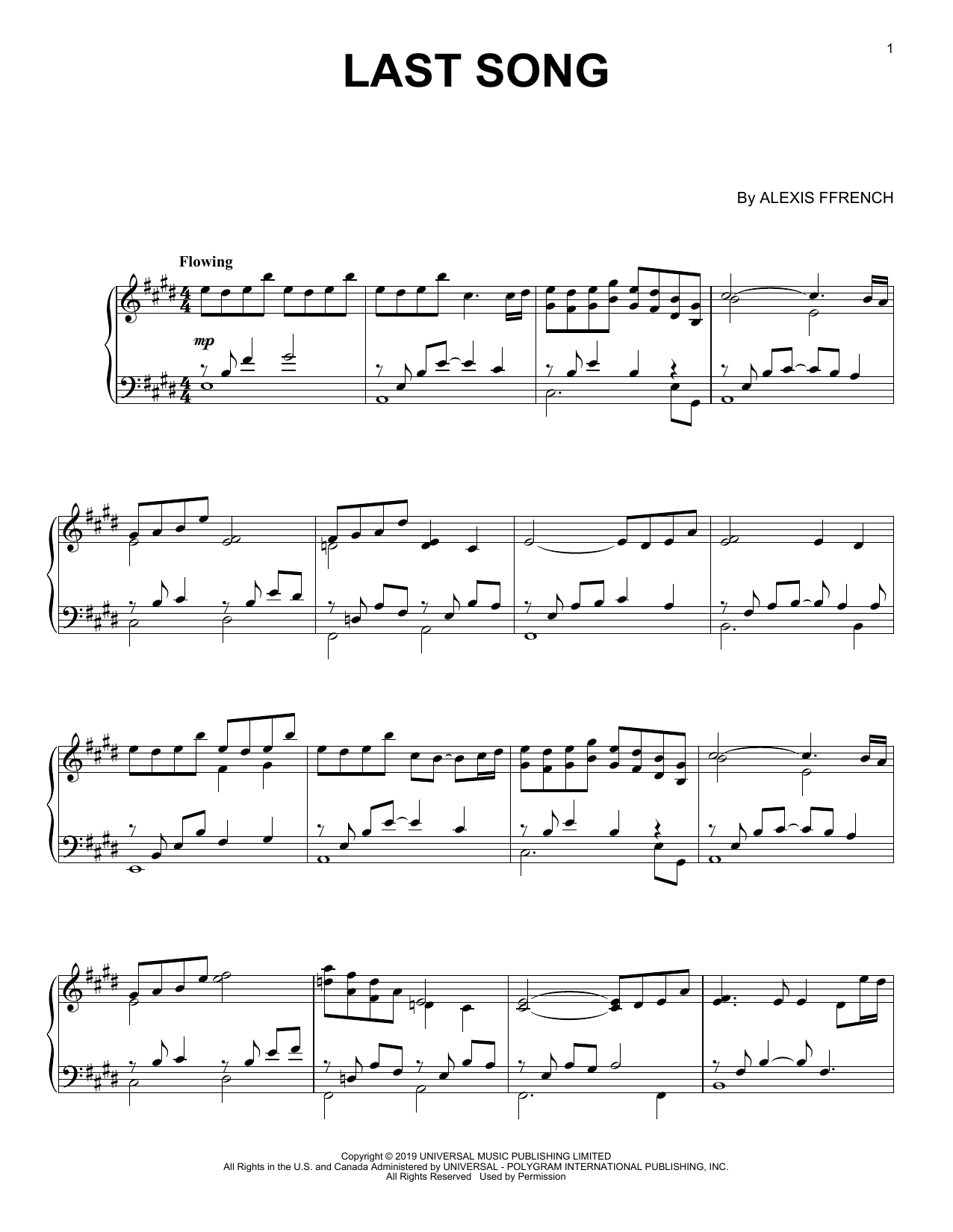 Alexis Ffrench Last Song Sheet Music Notes & Chords for Piano Solo - Download or Print PDF