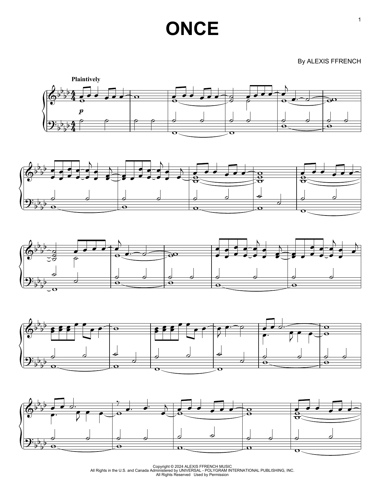 Alexis Ffrench Once Sheet Music Notes & Chords for Piano Solo - Download or Print PDF