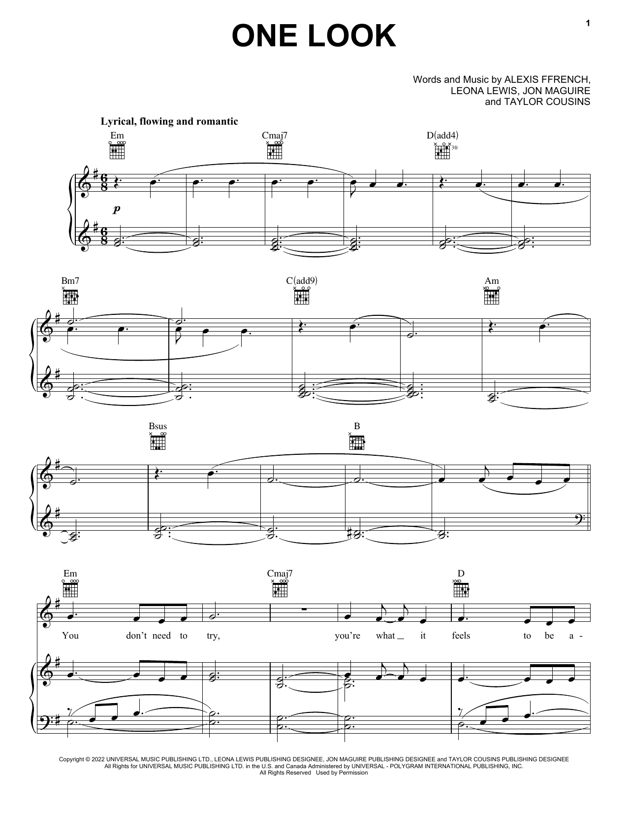 Alexis Ffrench One Look (feat. Leona Lewis) Sheet Music Notes & Chords for Piano, Vocal & Guitar Chords (Right-Hand Melody) - Download or Print PDF