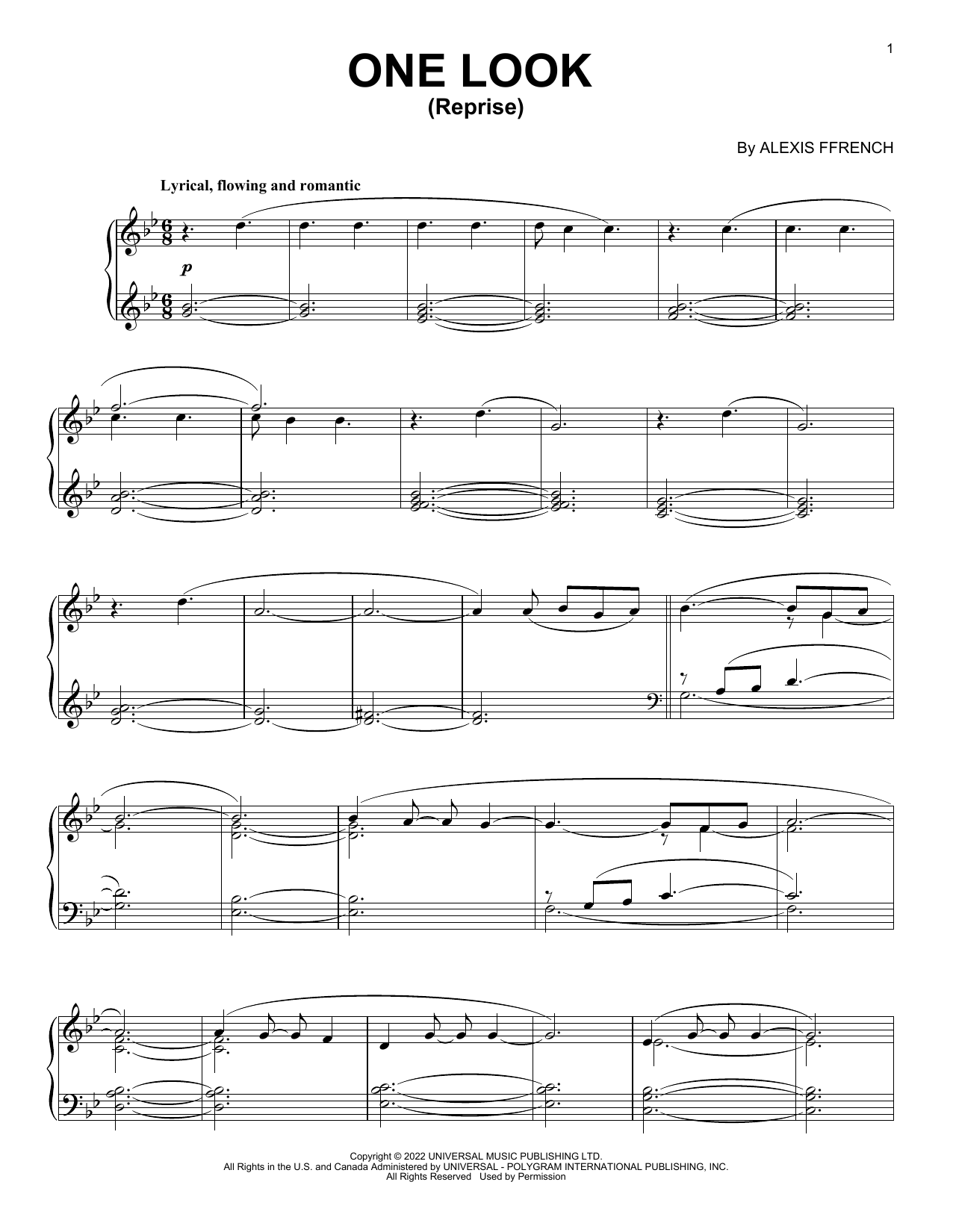 Alexis Ffrench One Look (Reprise) Sheet Music Notes & Chords for Piano Solo - Download or Print PDF