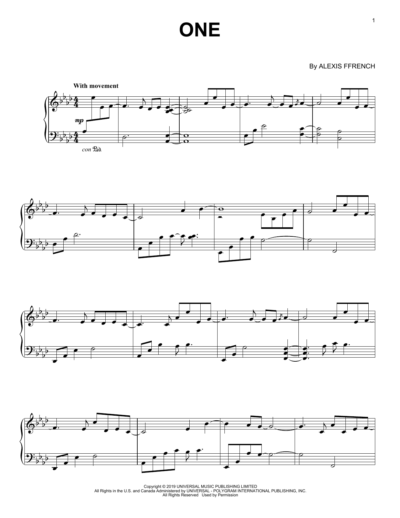 Alexis Ffrench One Sheet Music Notes & Chords for Piano Solo - Download or Print PDF