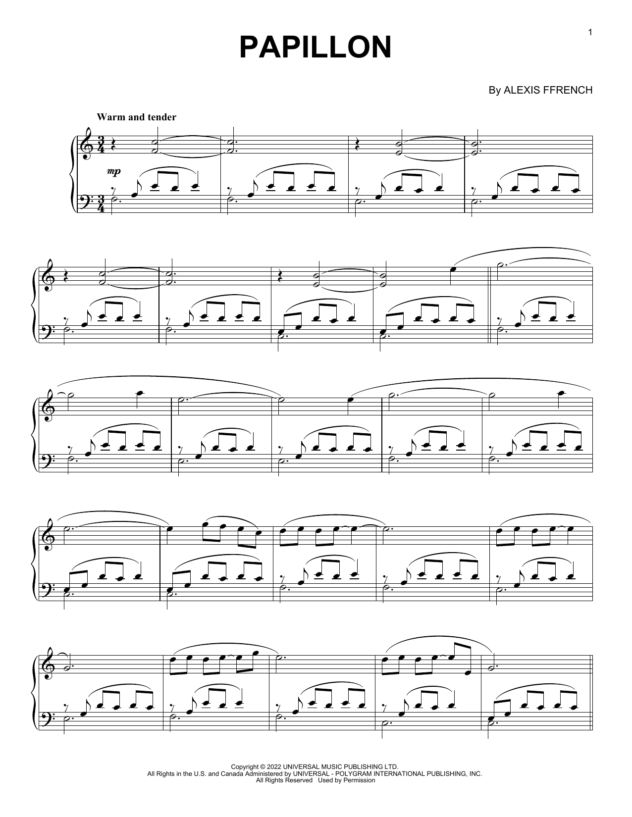 Alexis Ffrench Papillon Sheet Music Notes & Chords for Piano Solo - Download or Print PDF