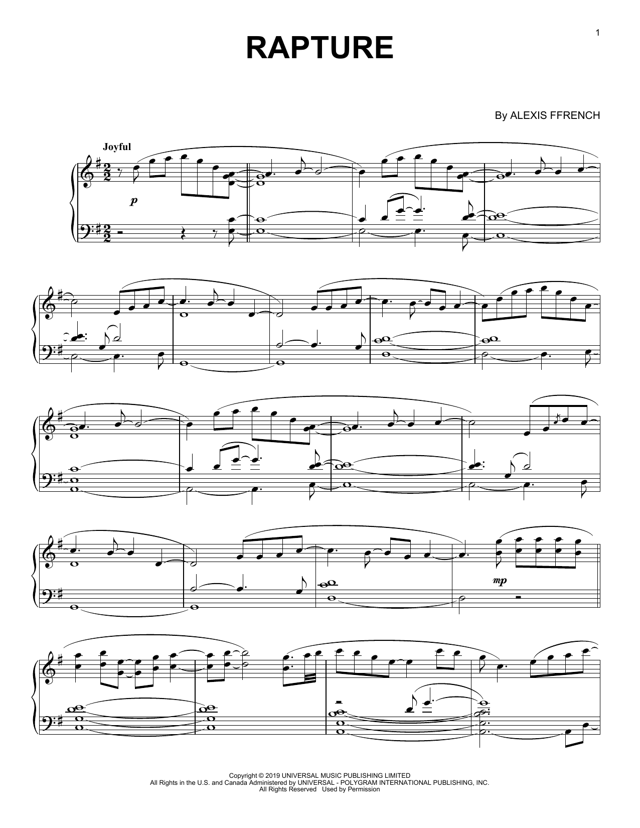 Alexis Ffrench Rapture Sheet Music Notes & Chords for Piano Solo - Download or Print PDF