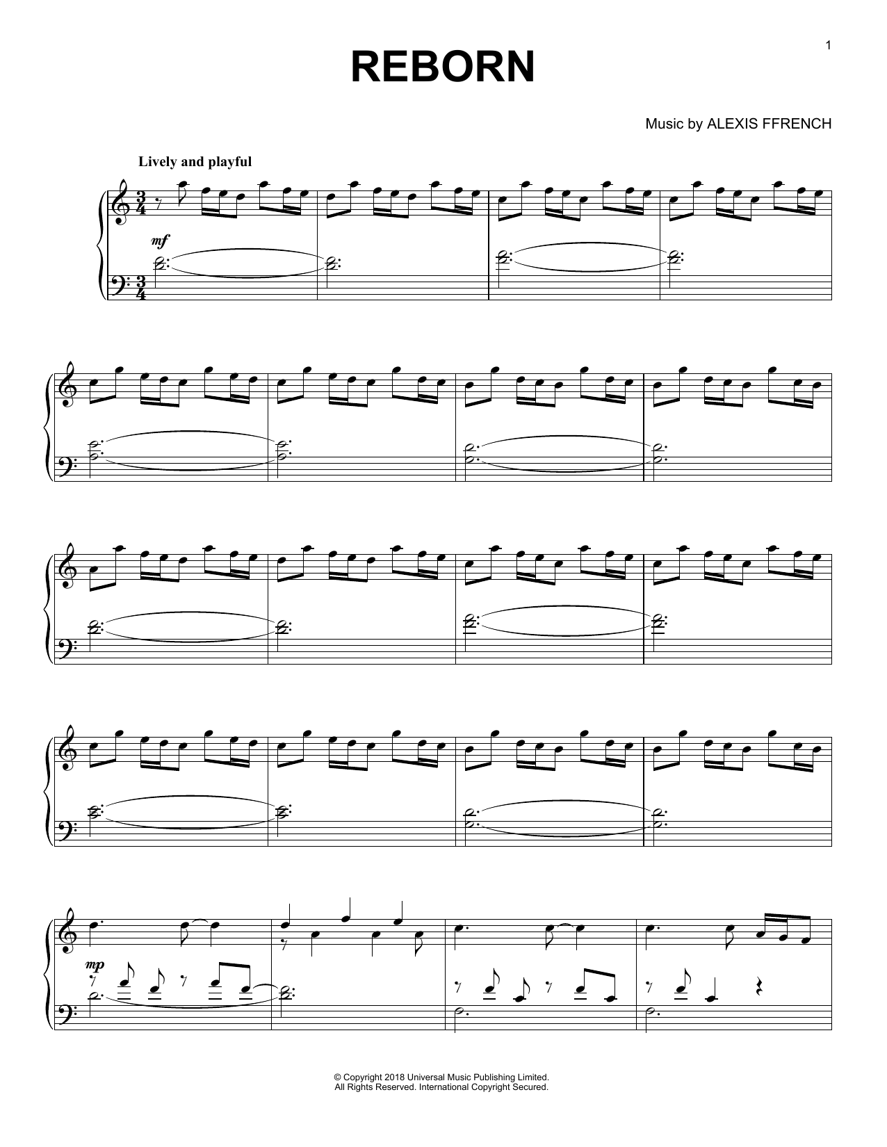 Alexis Ffrench Reborn Sheet Music Notes & Chords for Piano Solo - Download or Print PDF