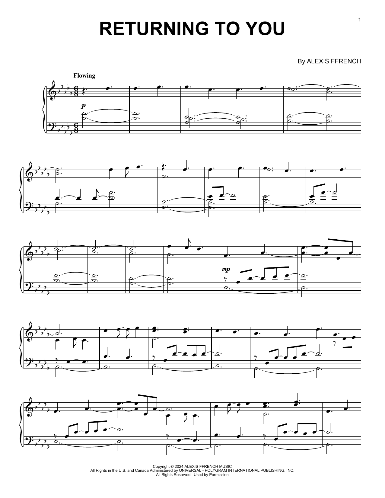 Alexis Ffrench Returning To You Sheet Music Notes & Chords for Piano Solo - Download or Print PDF