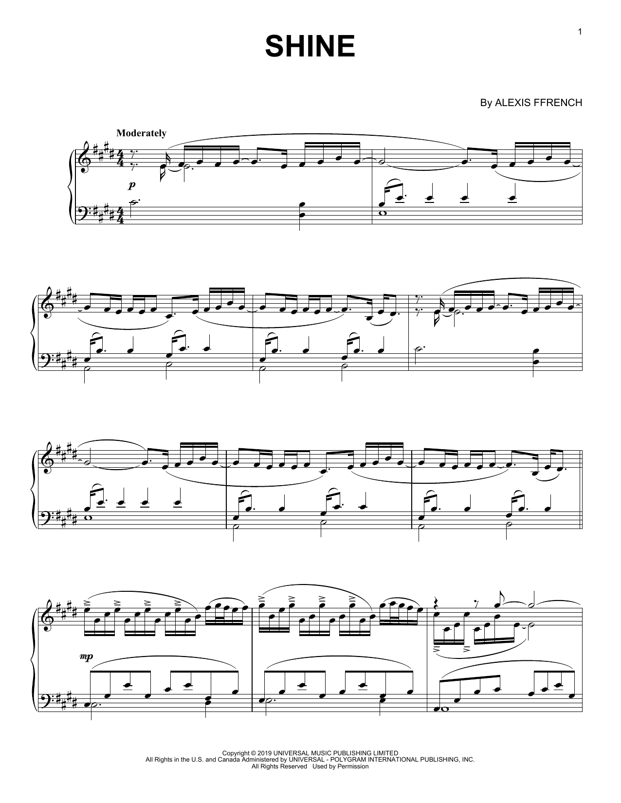 Alexis Ffrench Shine Sheet Music Notes & Chords for Piano Solo - Download or Print PDF