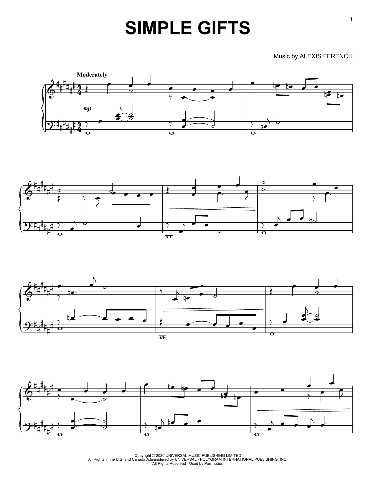 Alexis Ffrench Simple Gifts Sheet Music Notes & Chords for Piano Solo - Download or Print PDF