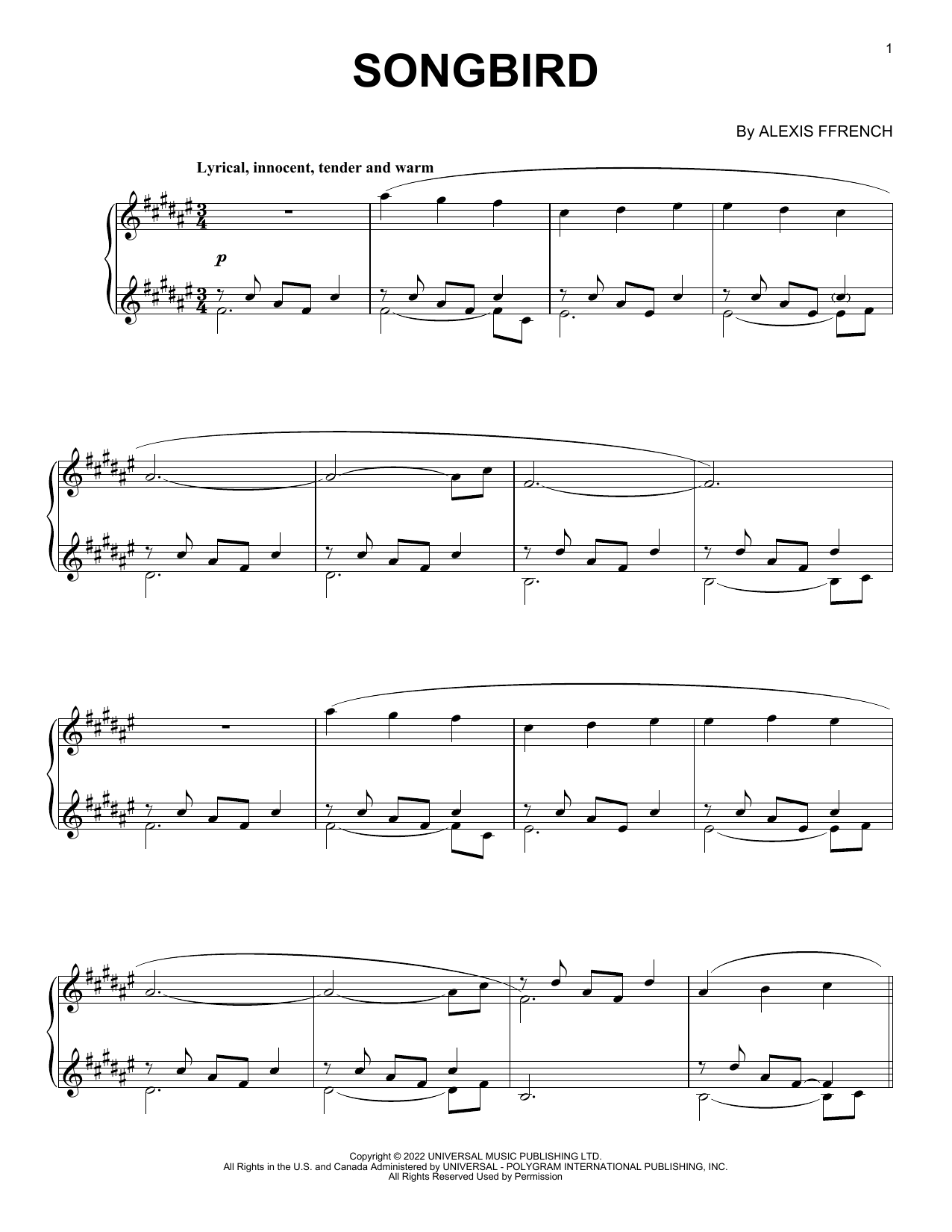 Alexis Ffrench Songbird Sheet Music Notes & Chords for Piano Solo - Download or Print PDF