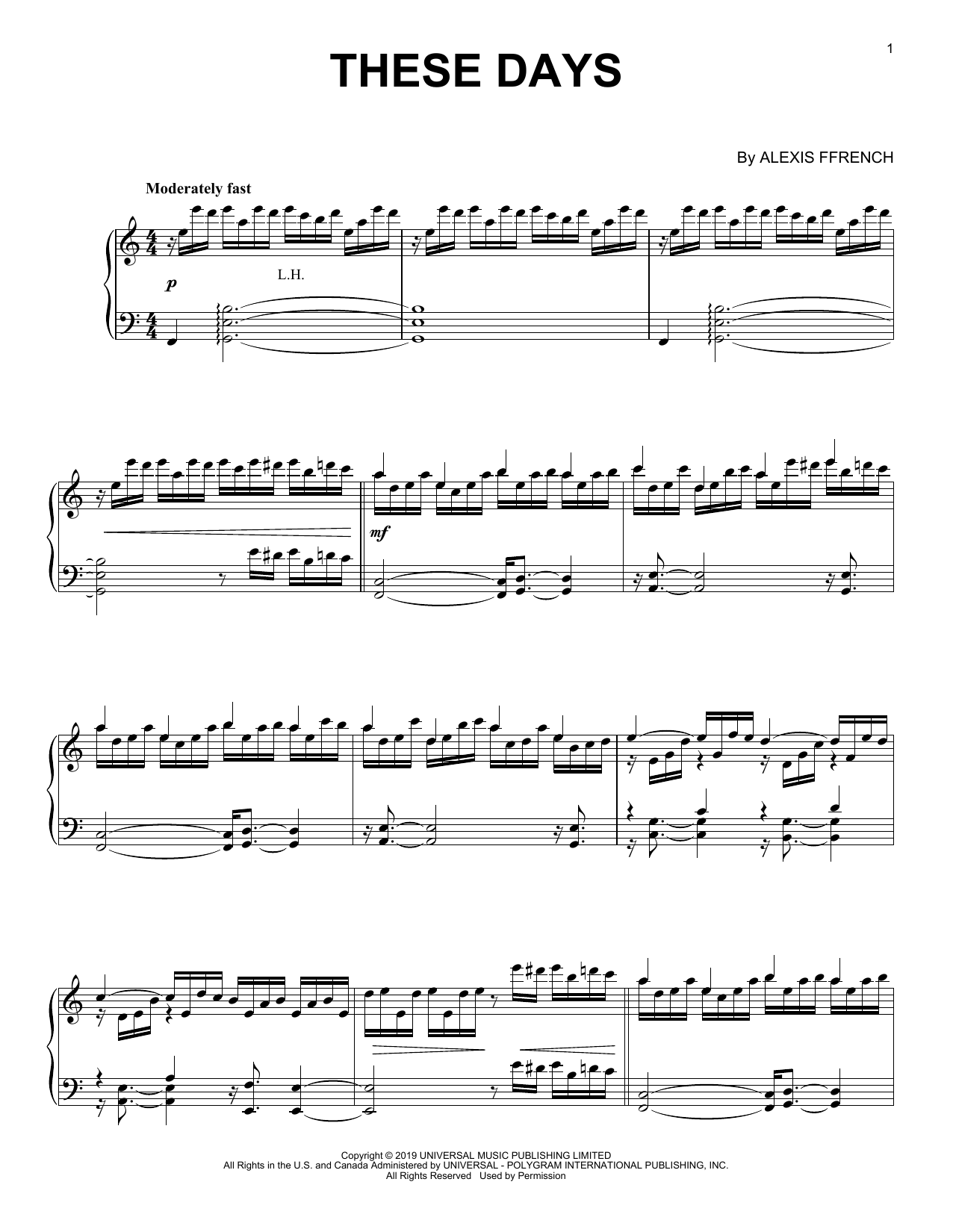Alexis Ffrench These Days Sheet Music Notes & Chords for Piano Solo - Download or Print PDF