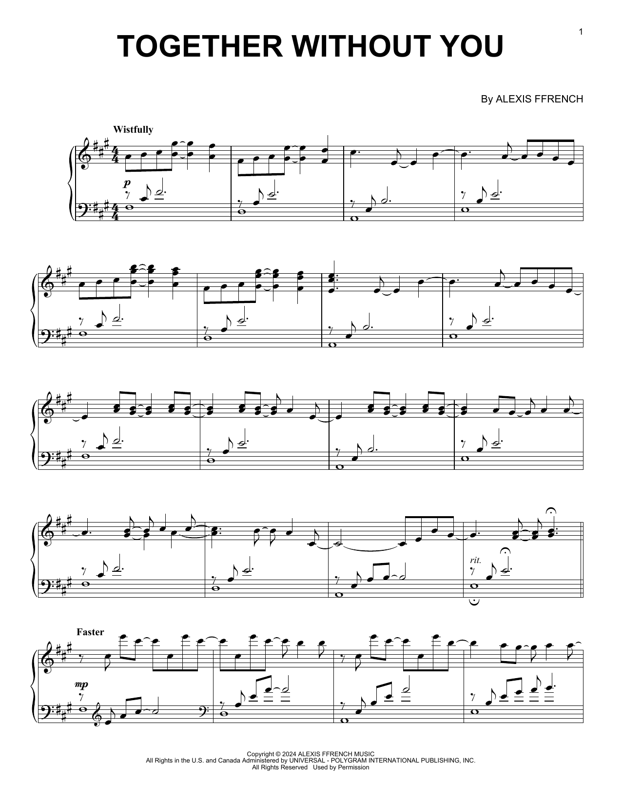 Alexis Ffrench Together Without You Sheet Music Notes & Chords for Piano Solo - Download or Print PDF Alexis Ffrench Together Without You Sheet Music Notes & Chords for Piano Solo - Download or Print PDF